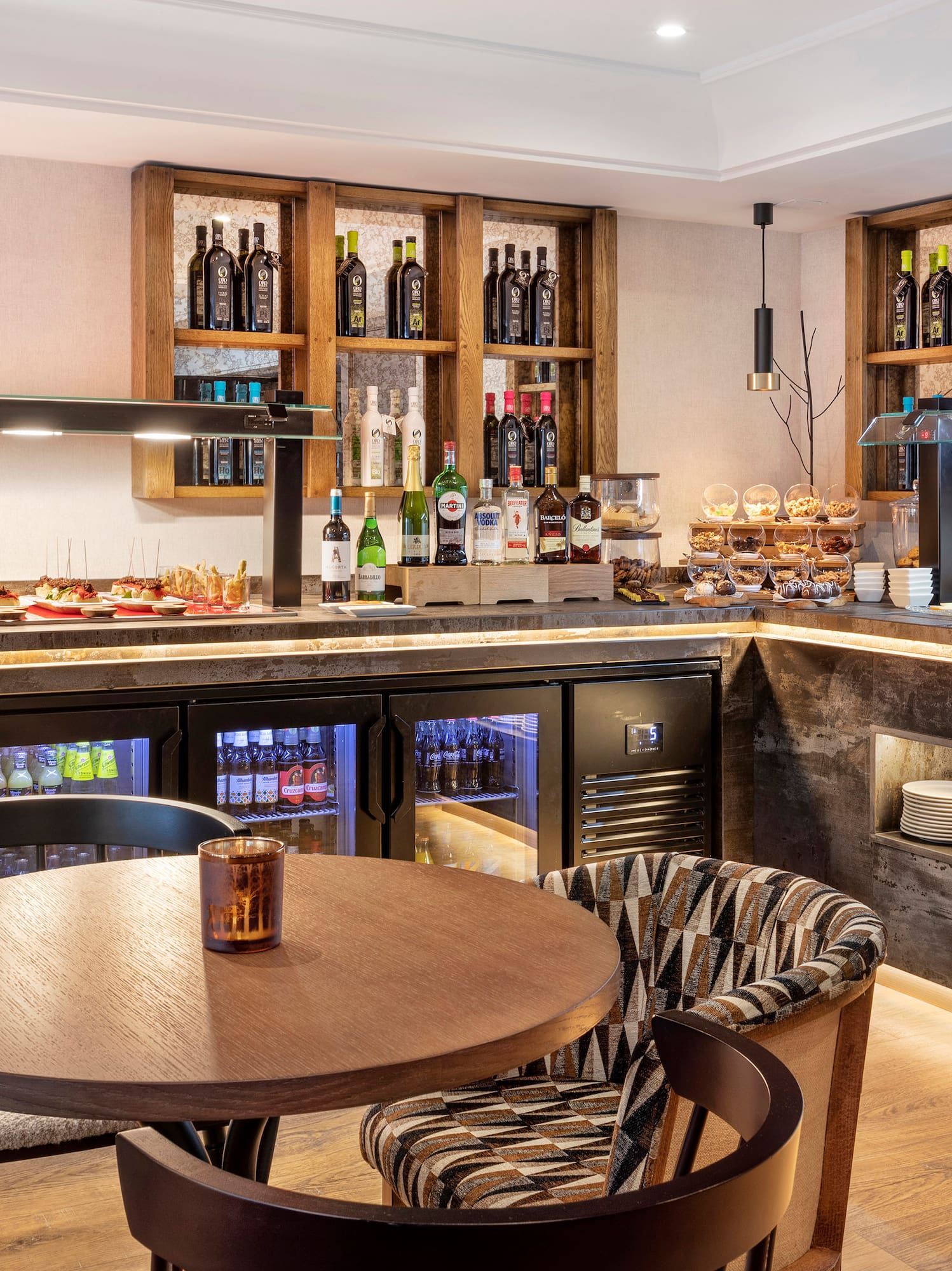 a restaurant with a bar and a table