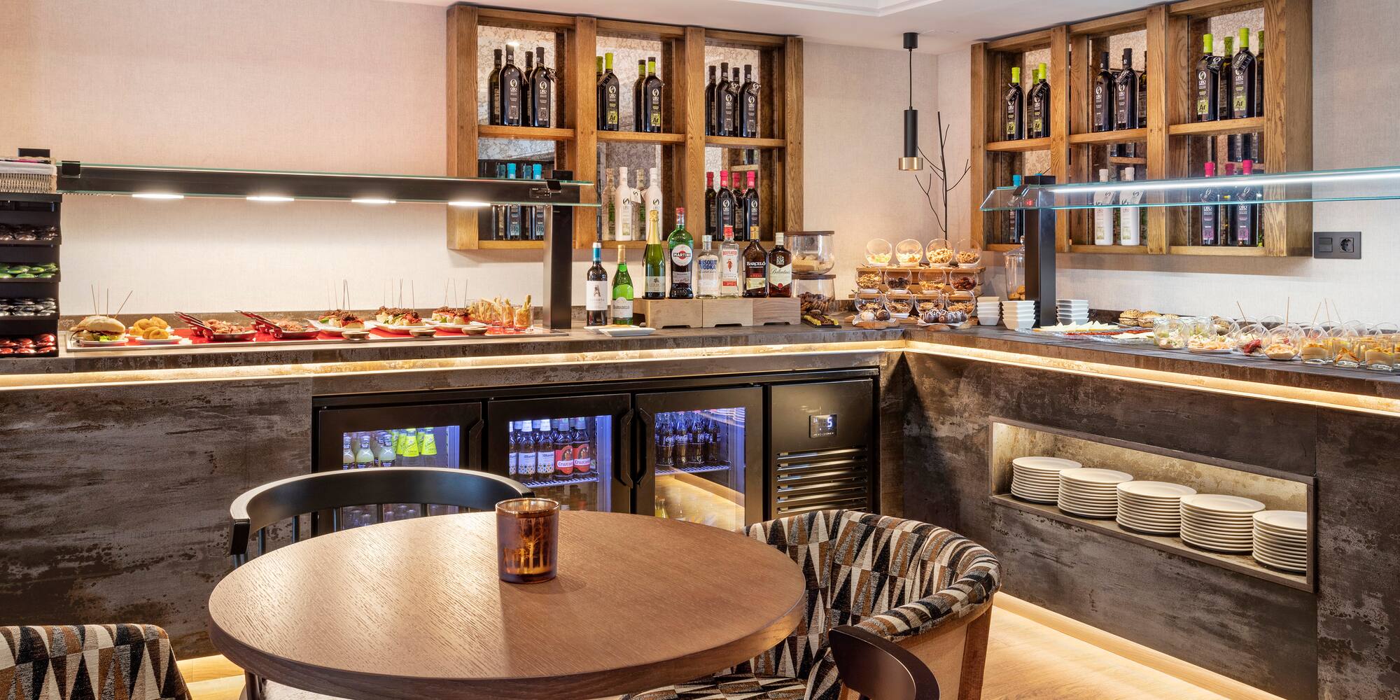 a restaurant with a bar and a table