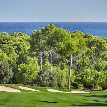 a golf course with trees and water in the background
