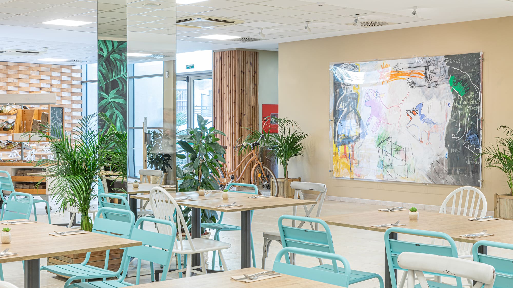 a room with tables and chairs