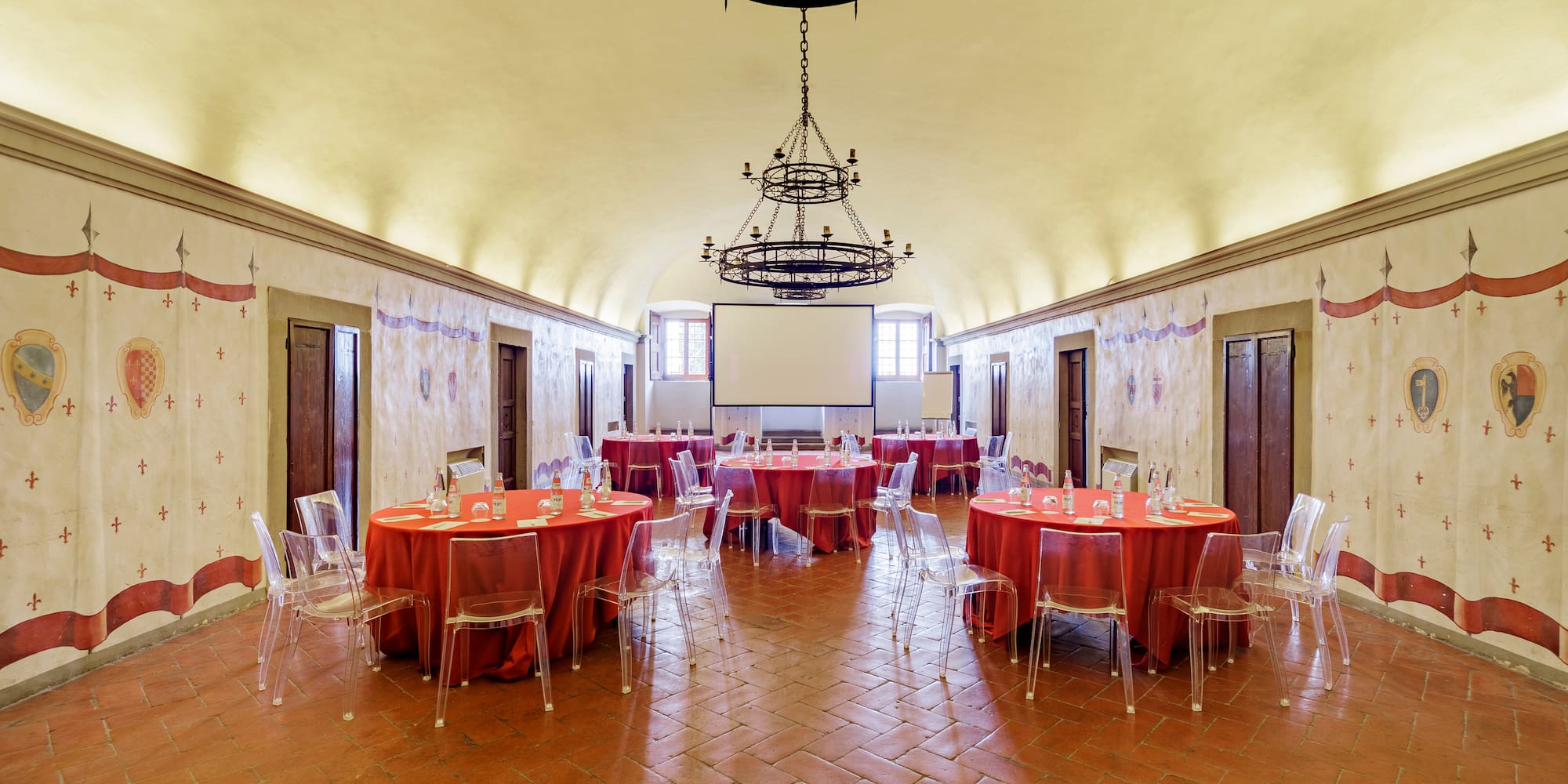 a room with tables and chairs