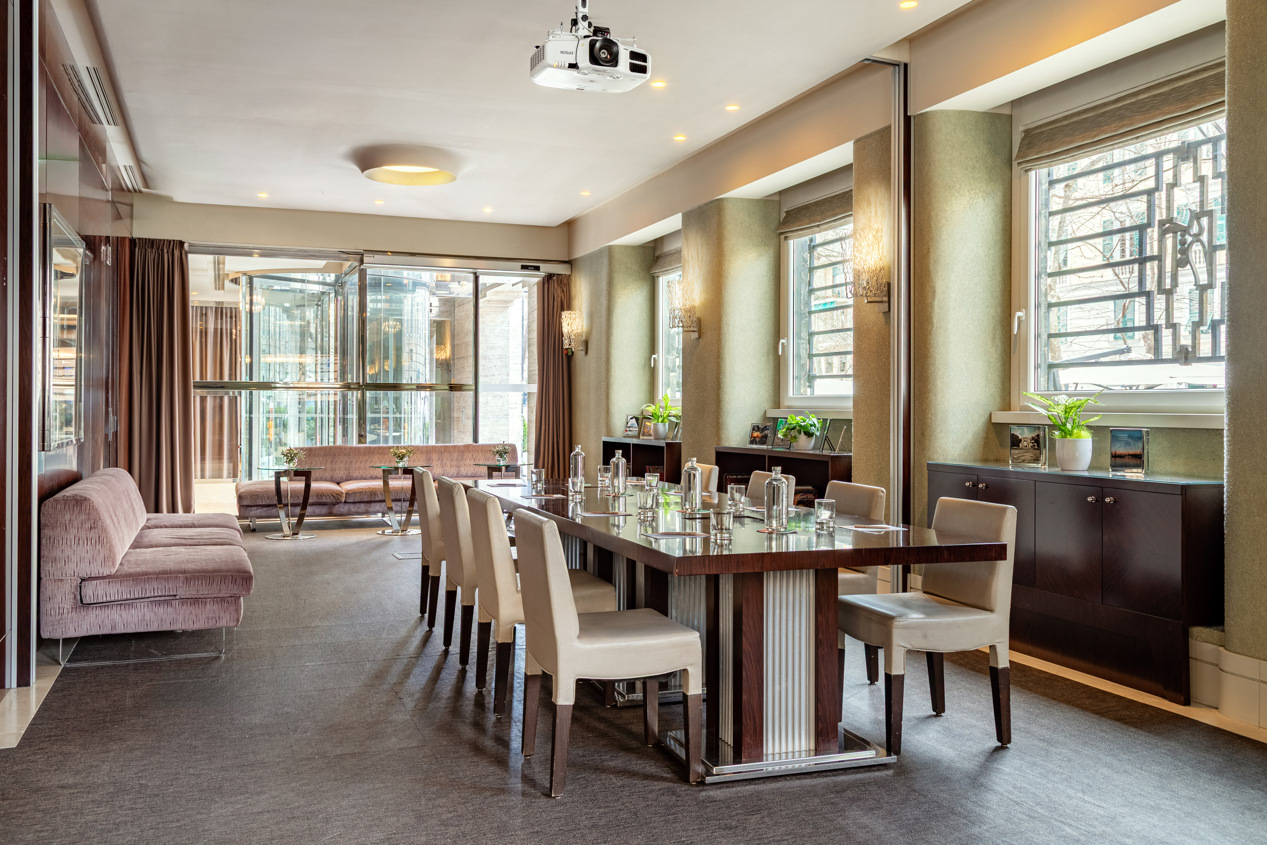 a room with a table and chairs