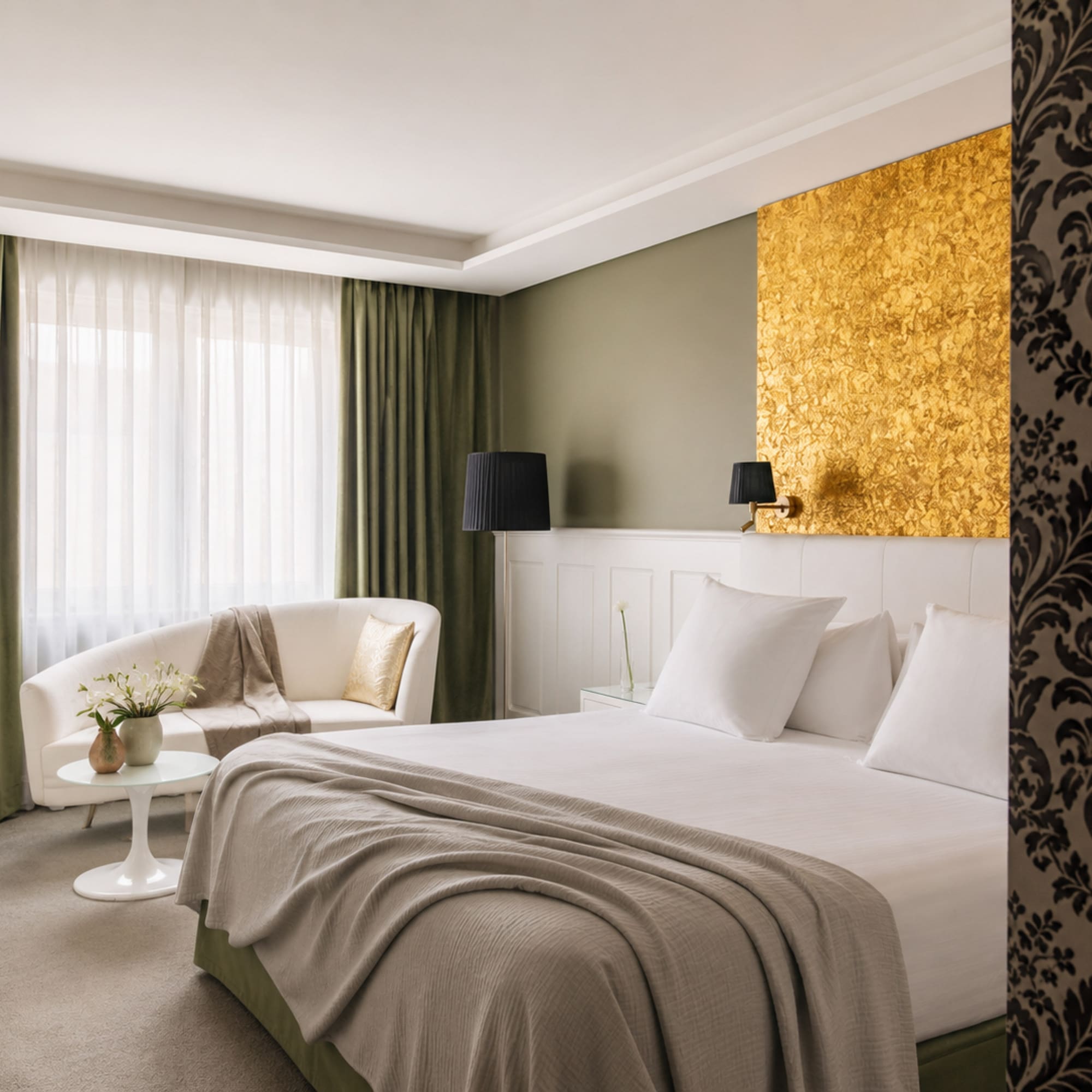 Luxury hotel room with gold accent wall, white bed, olive green curtains.