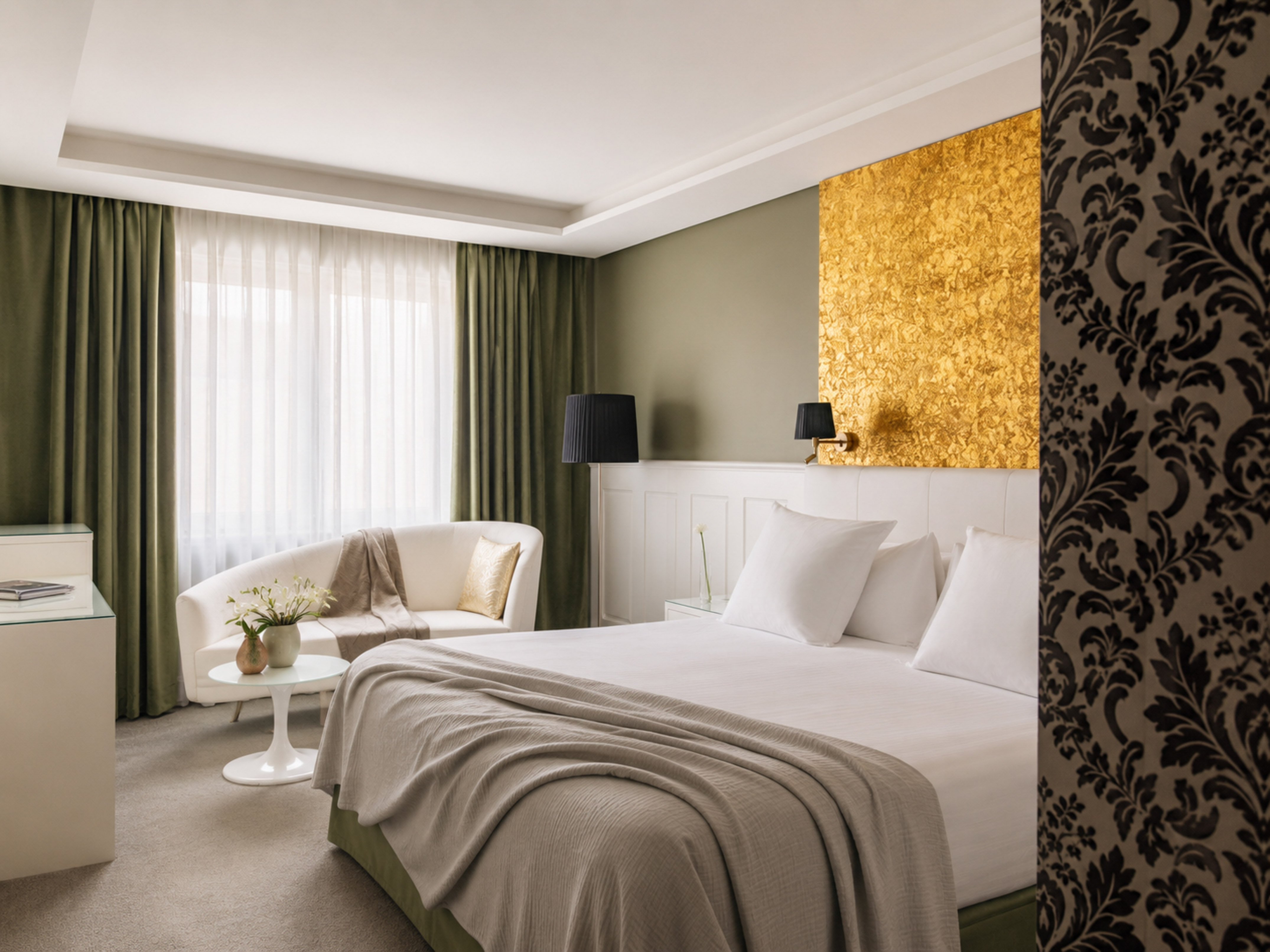 Luxury hotel room with gold accent wall, white bed, olive green curtains.
