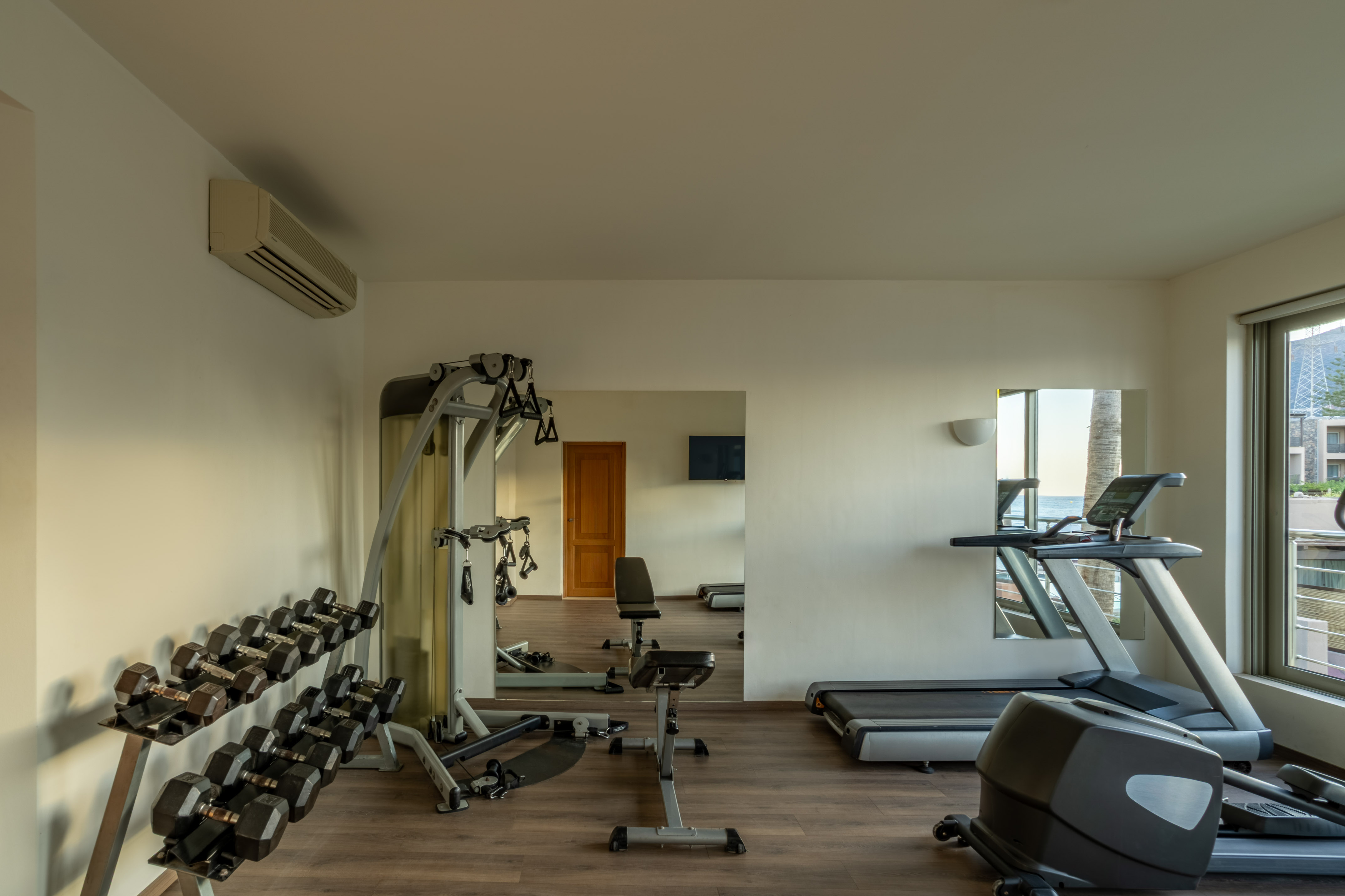 Fitness room with dumbbells, multi-station, treadmill, and ocean view.