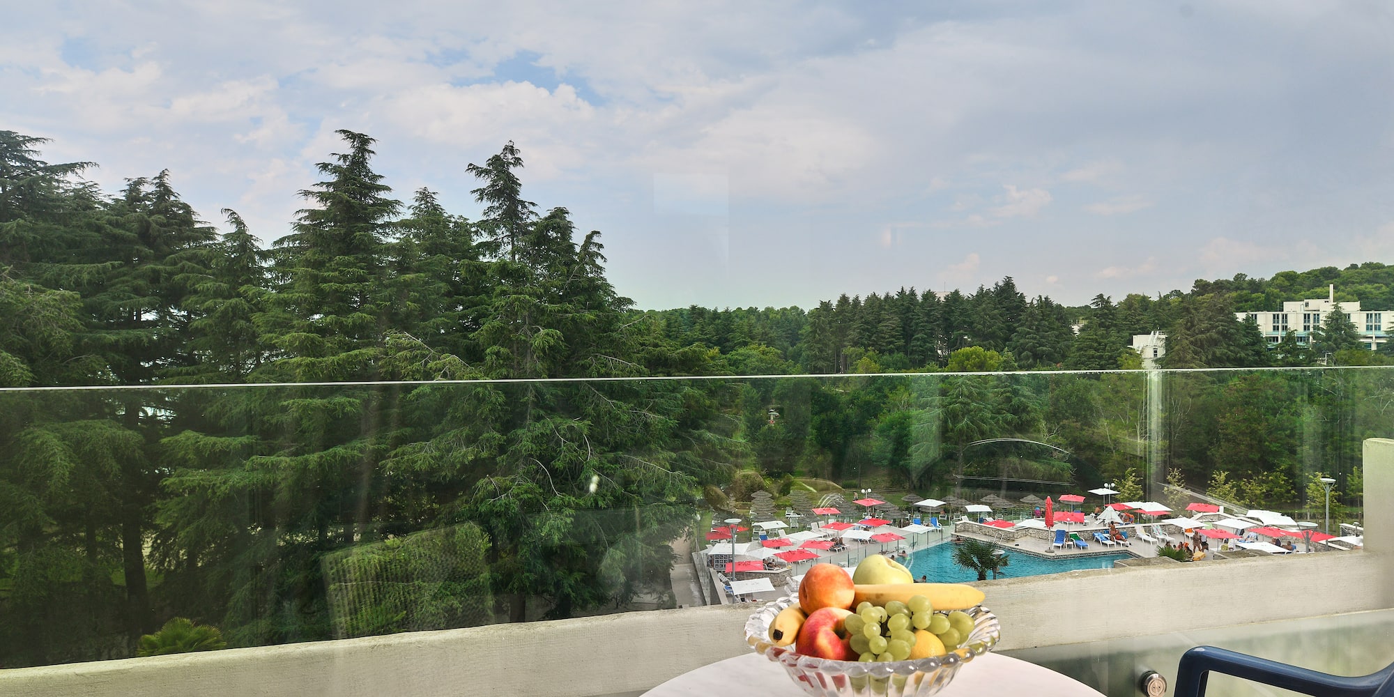 a bowl of fruit on a table overlooking a pool