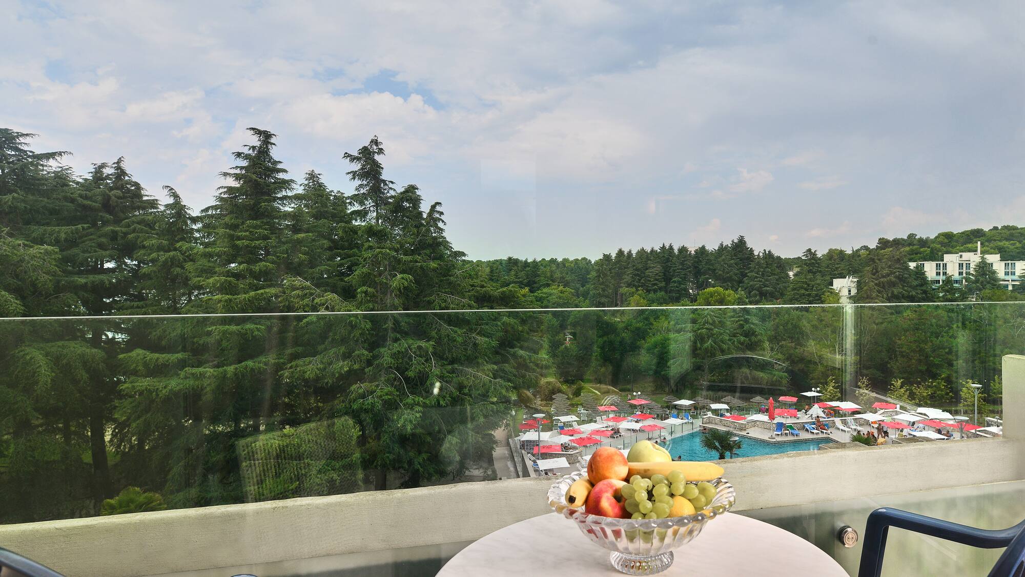 a bowl of fruit on a table overlooking a pool