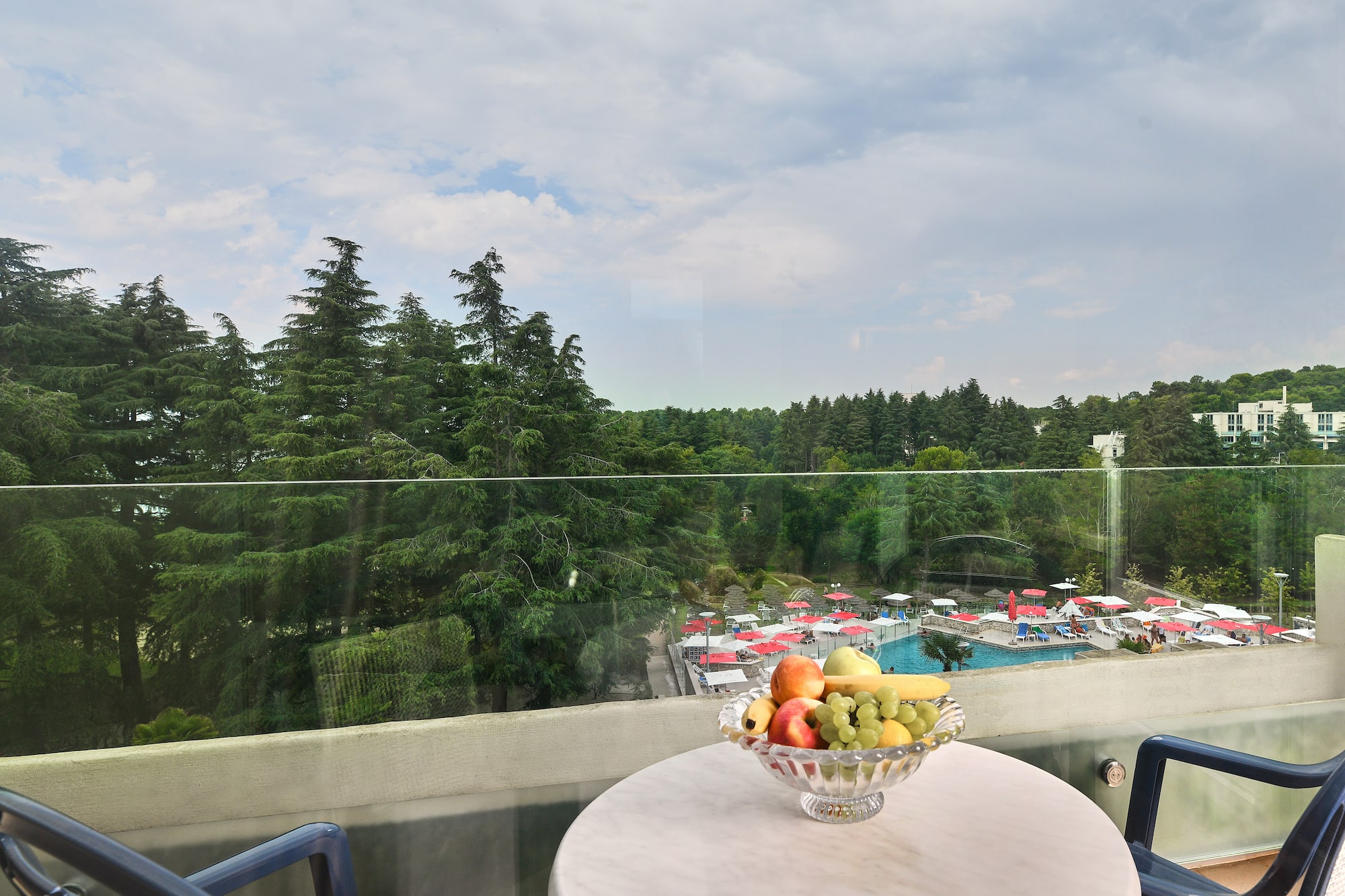 a bowl of fruit on a table overlooking a pool