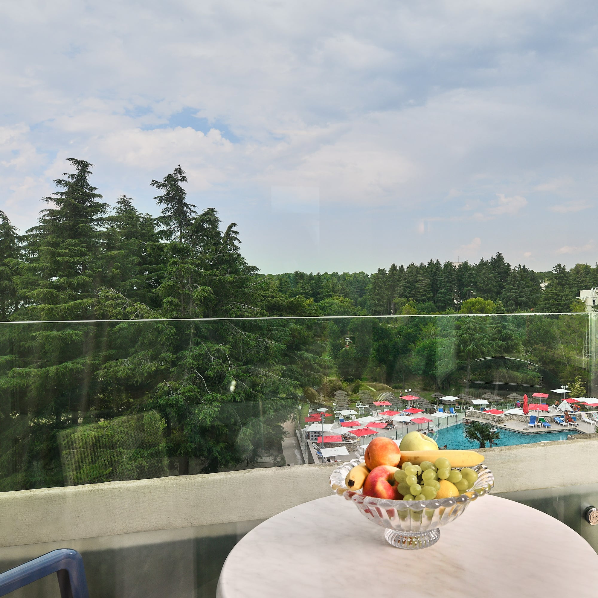 a bowl of fruit on a table overlooking a pool