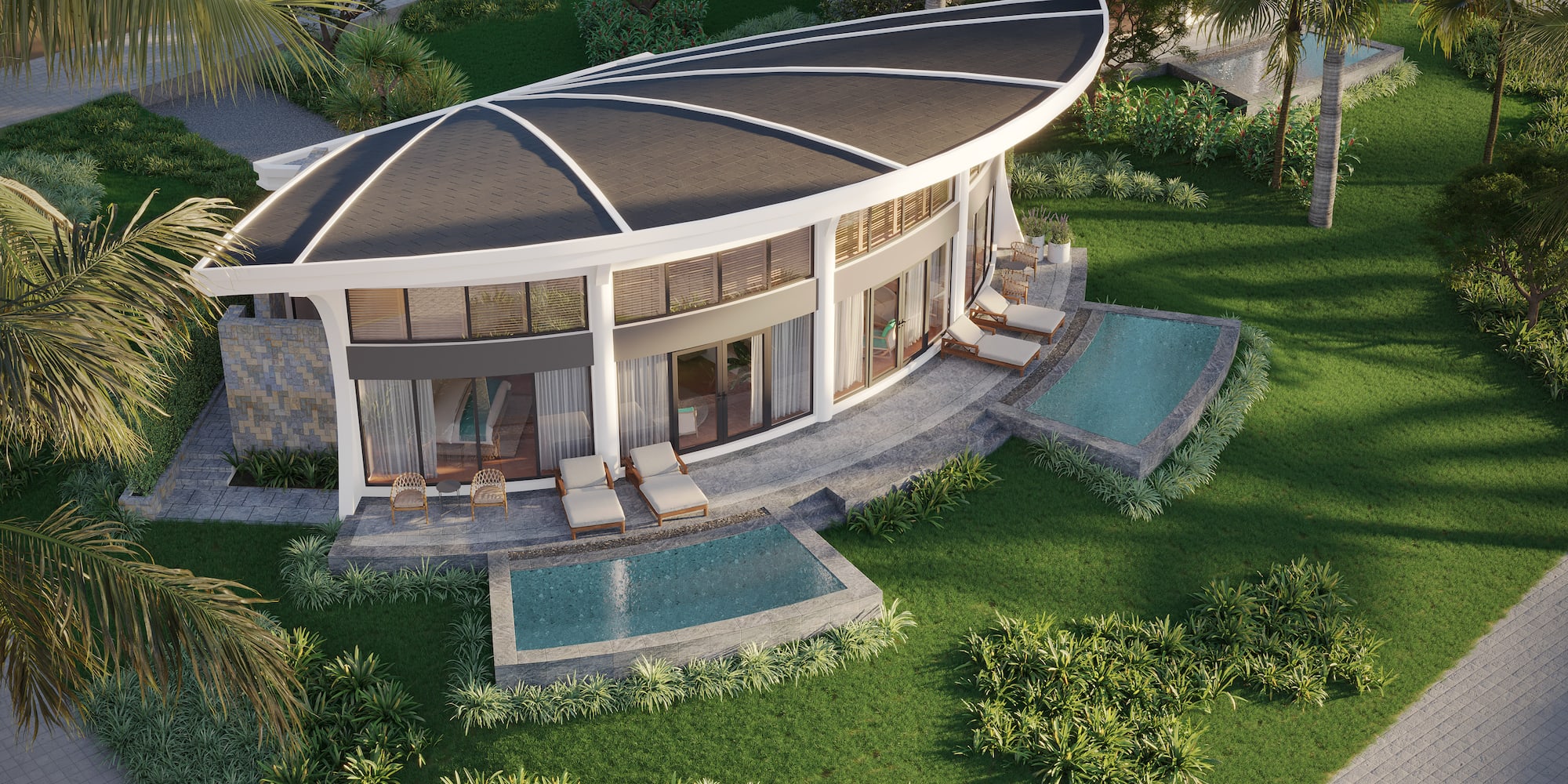 a building with a pool in the middle of it