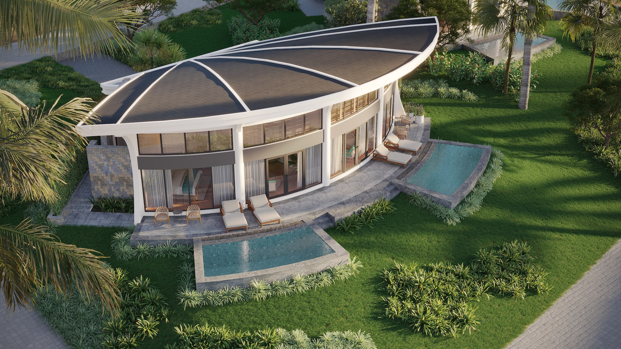 a building with a pool in the middle of it