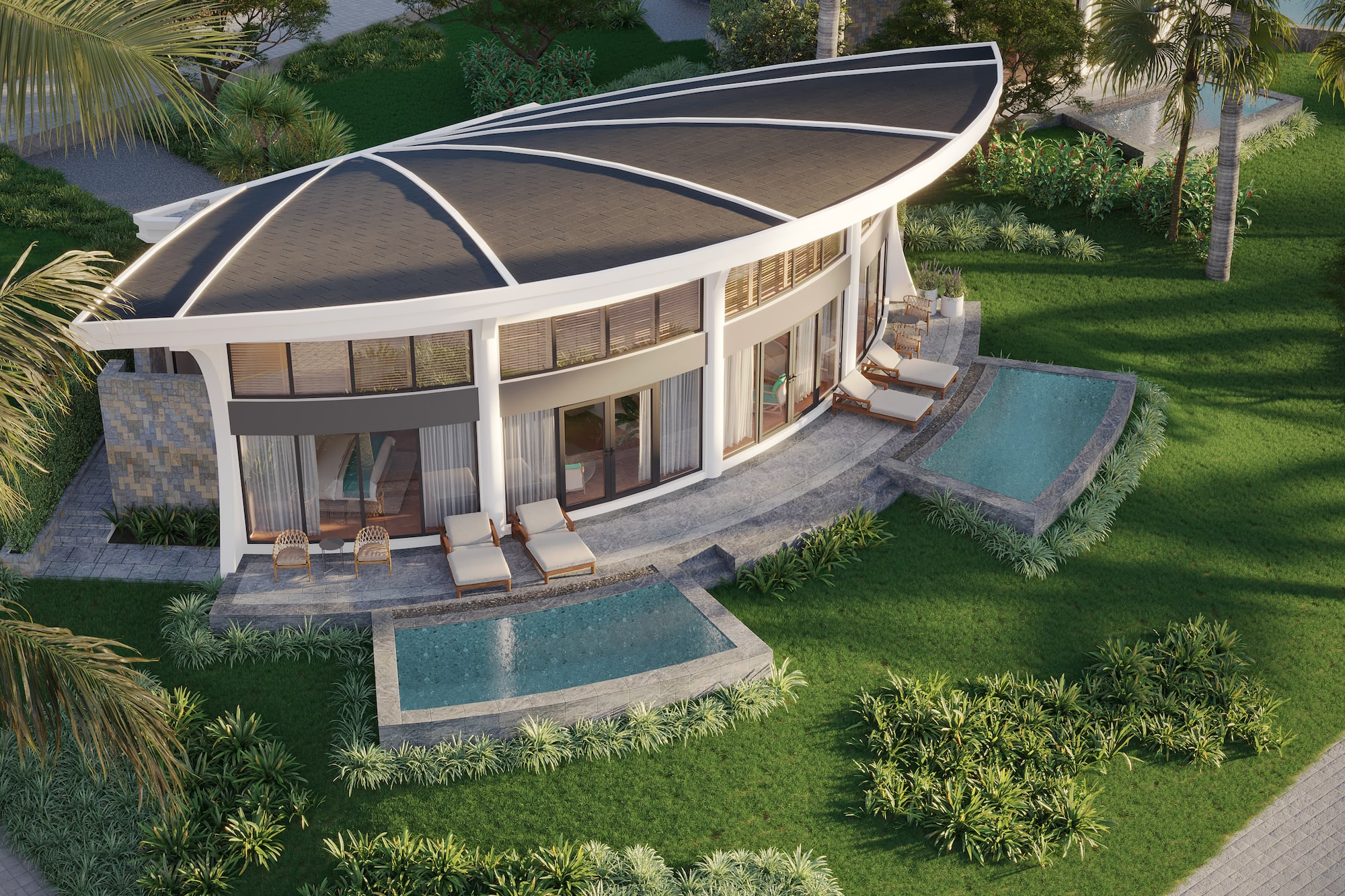 a building with a pool in the middle of it