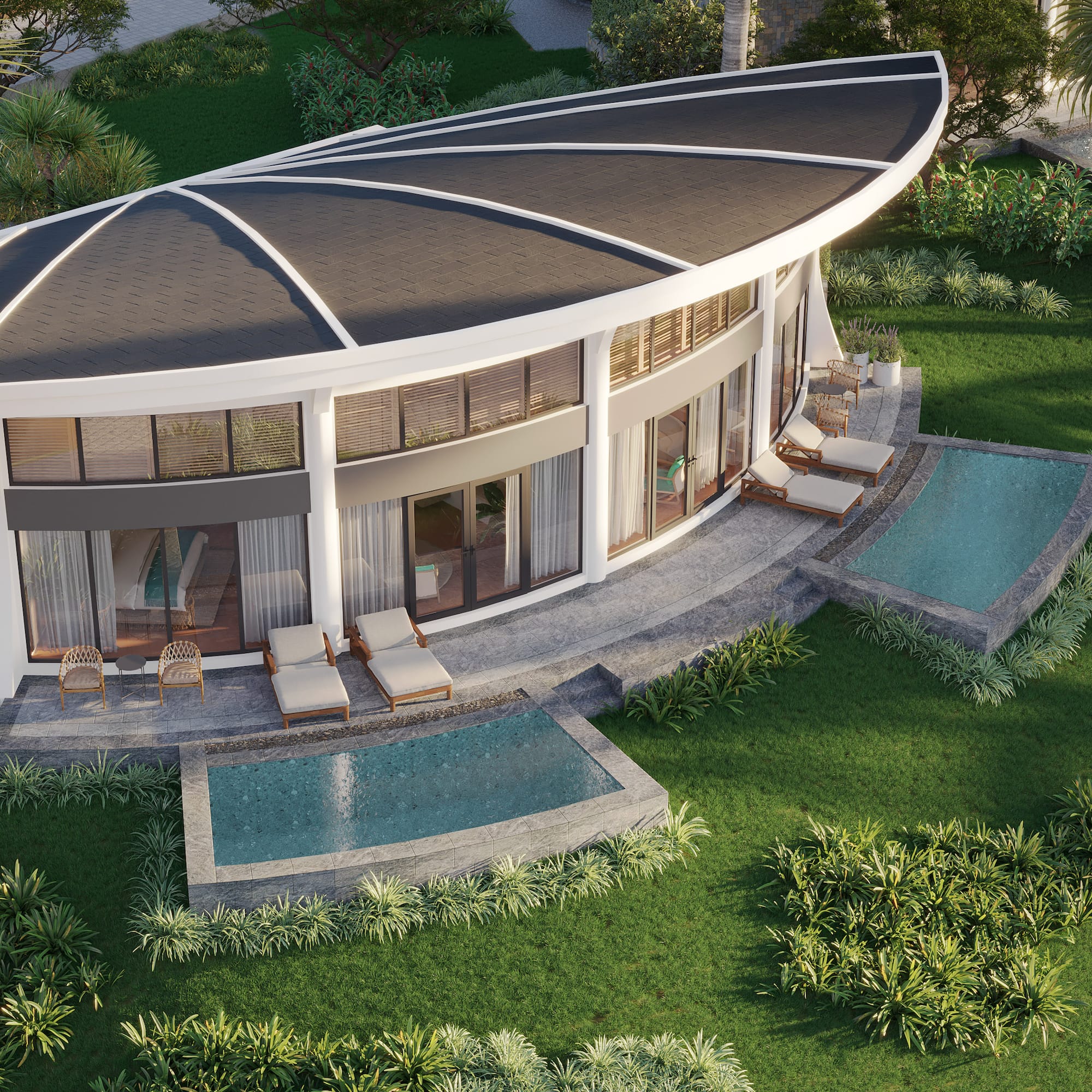 a building with a pool in the middle of it