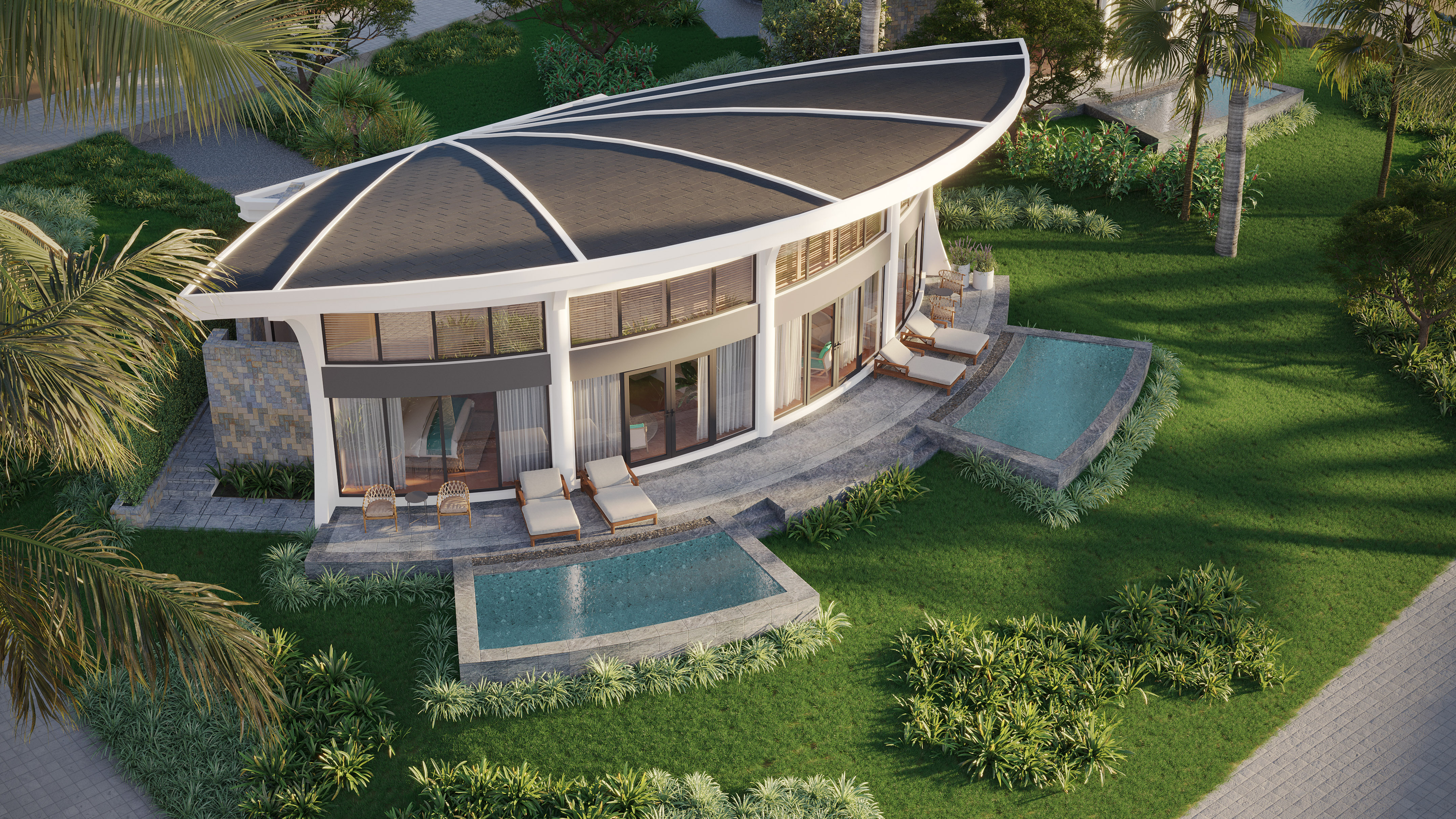 Luxury modern villa with two private pools, curved roof, tropical garden.