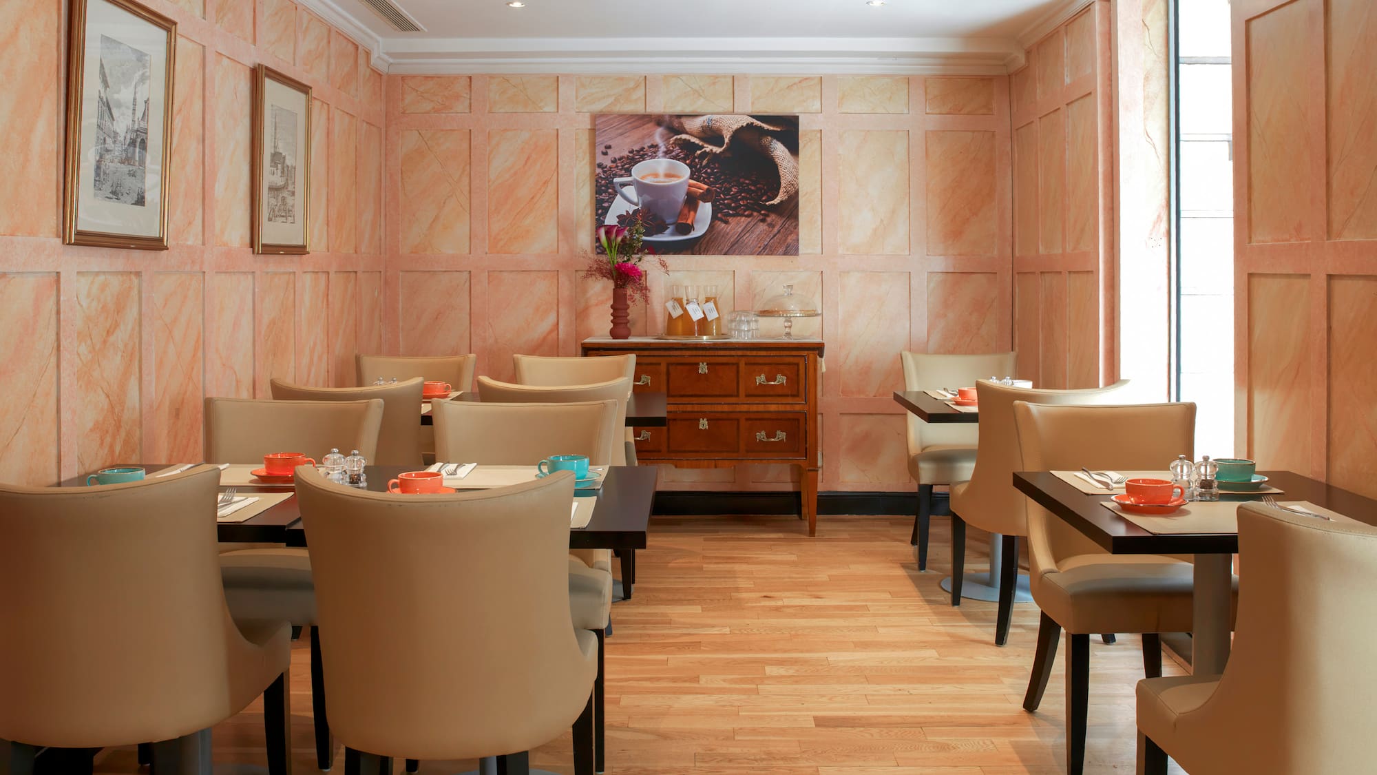 a room with tables and chairs