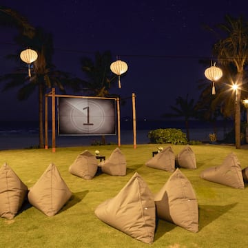 a group of pillows on grass with a screen in the background