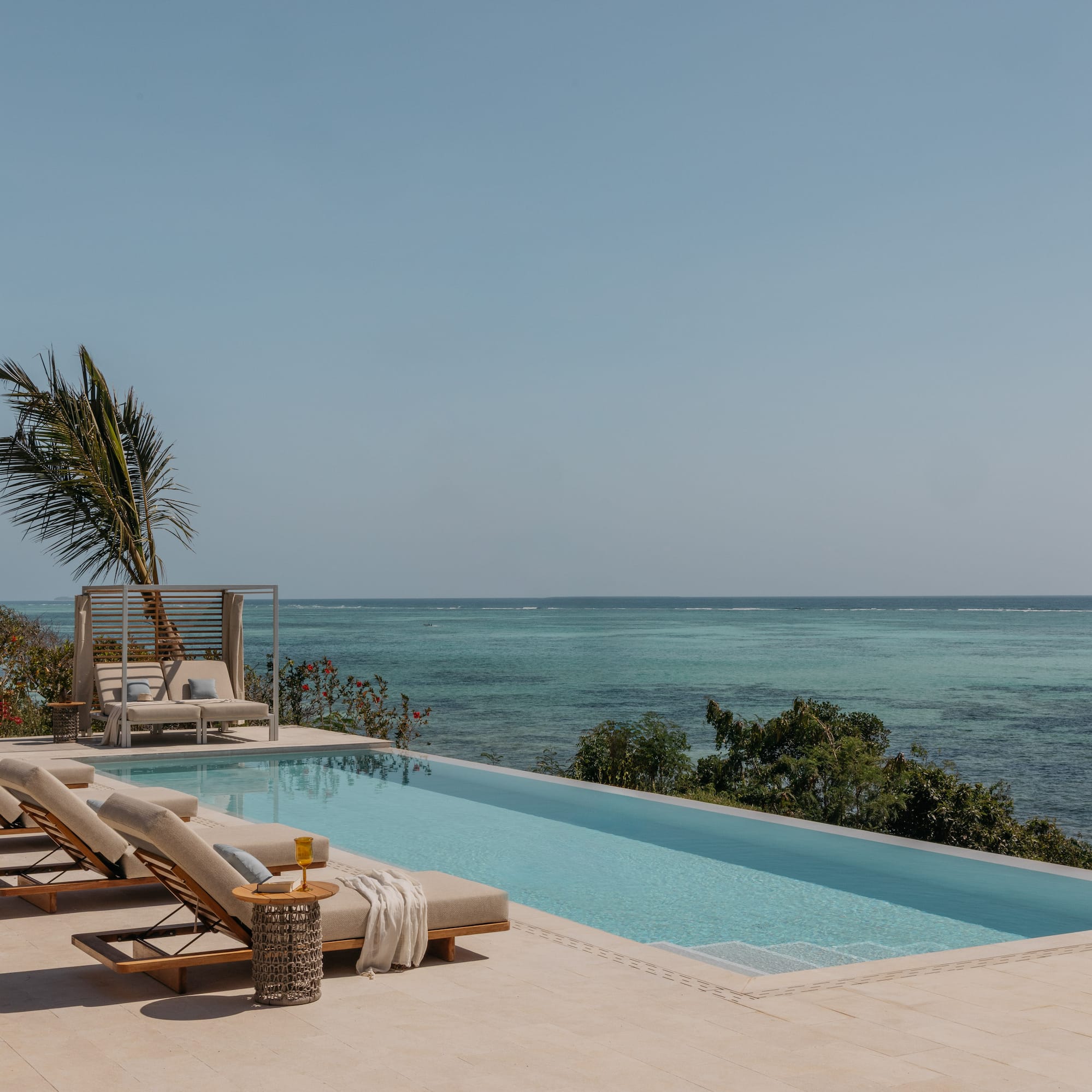 a pool with lounge chairs and a palm tree overlooking the ocean