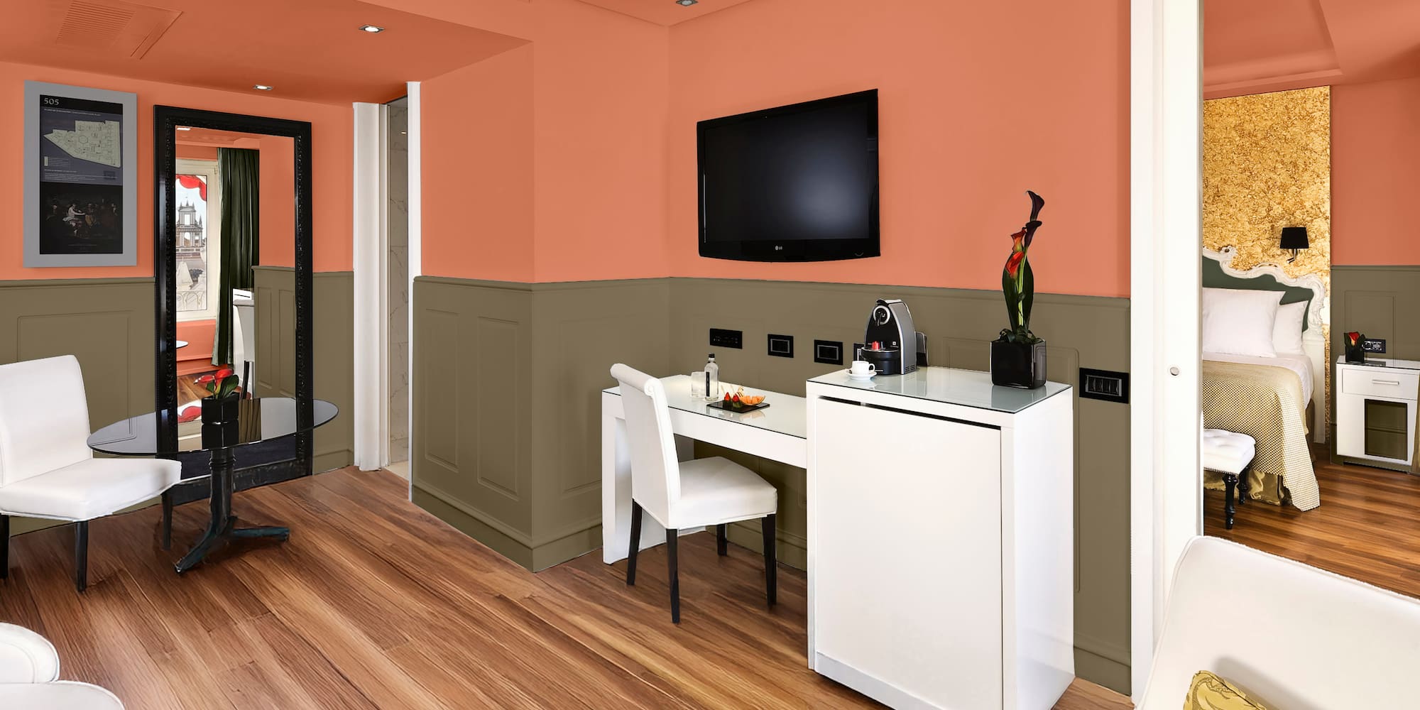 a room with a tv and a table