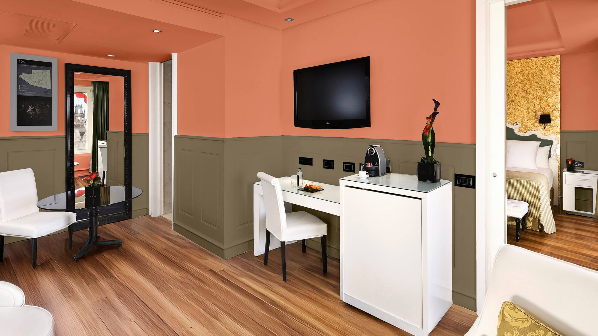 a room with a tv and a table