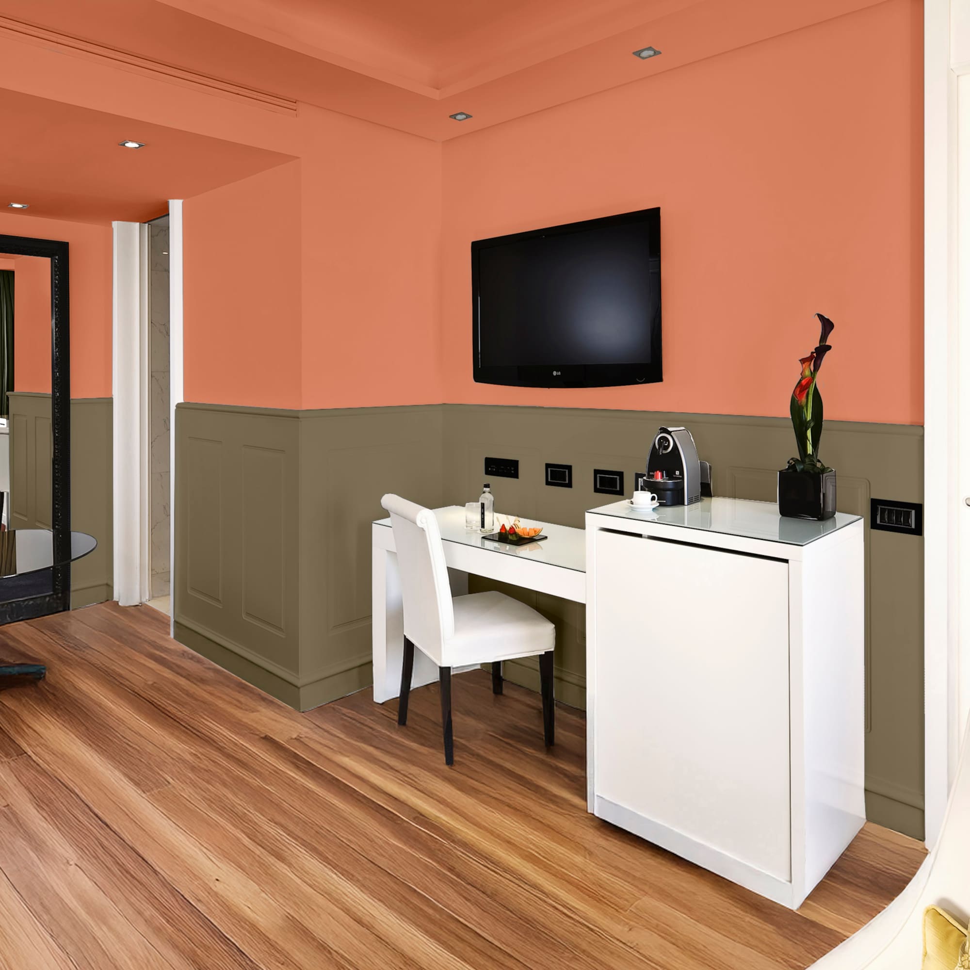 a room with a tv and a table