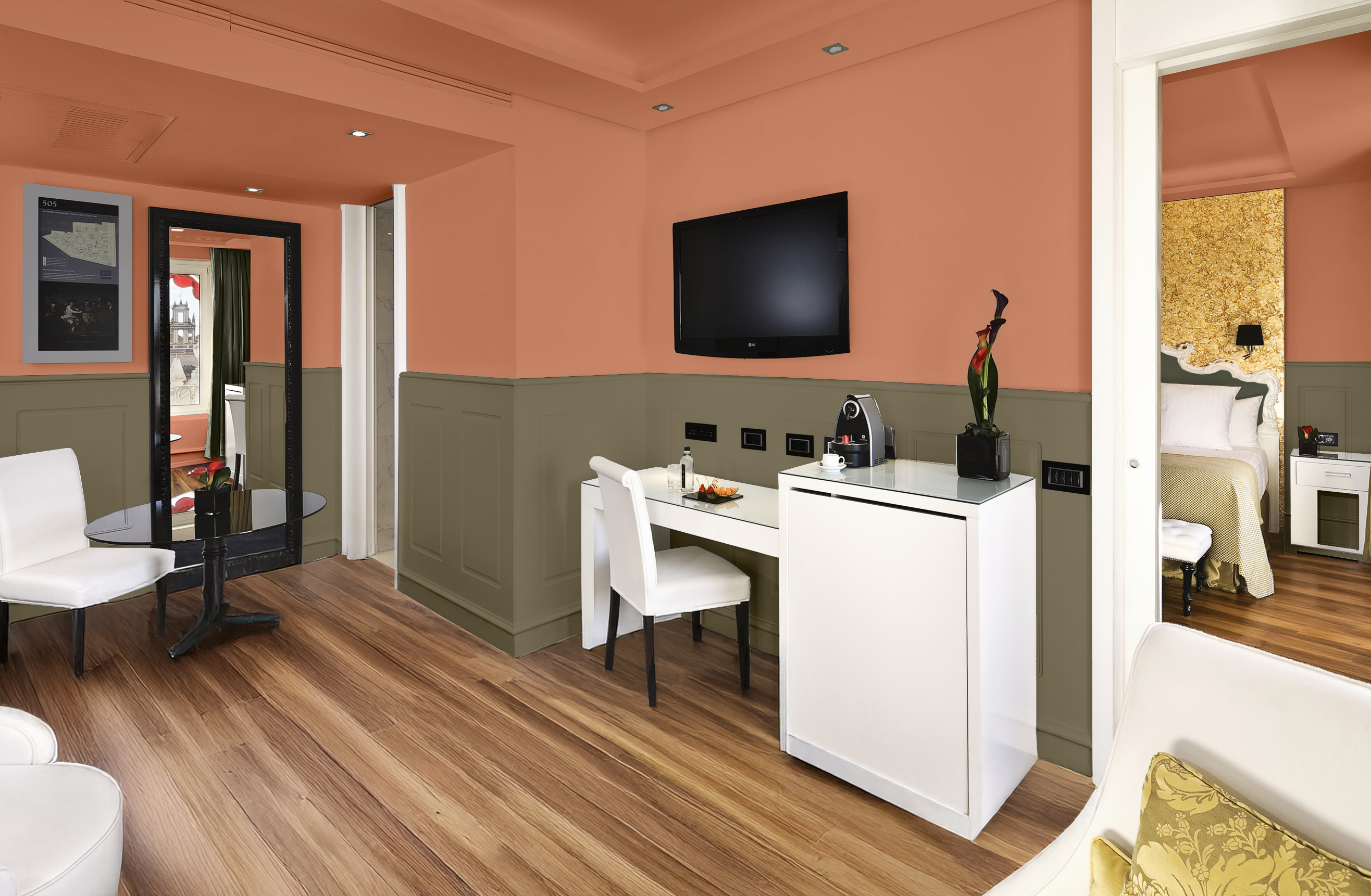 a room with a tv and a table