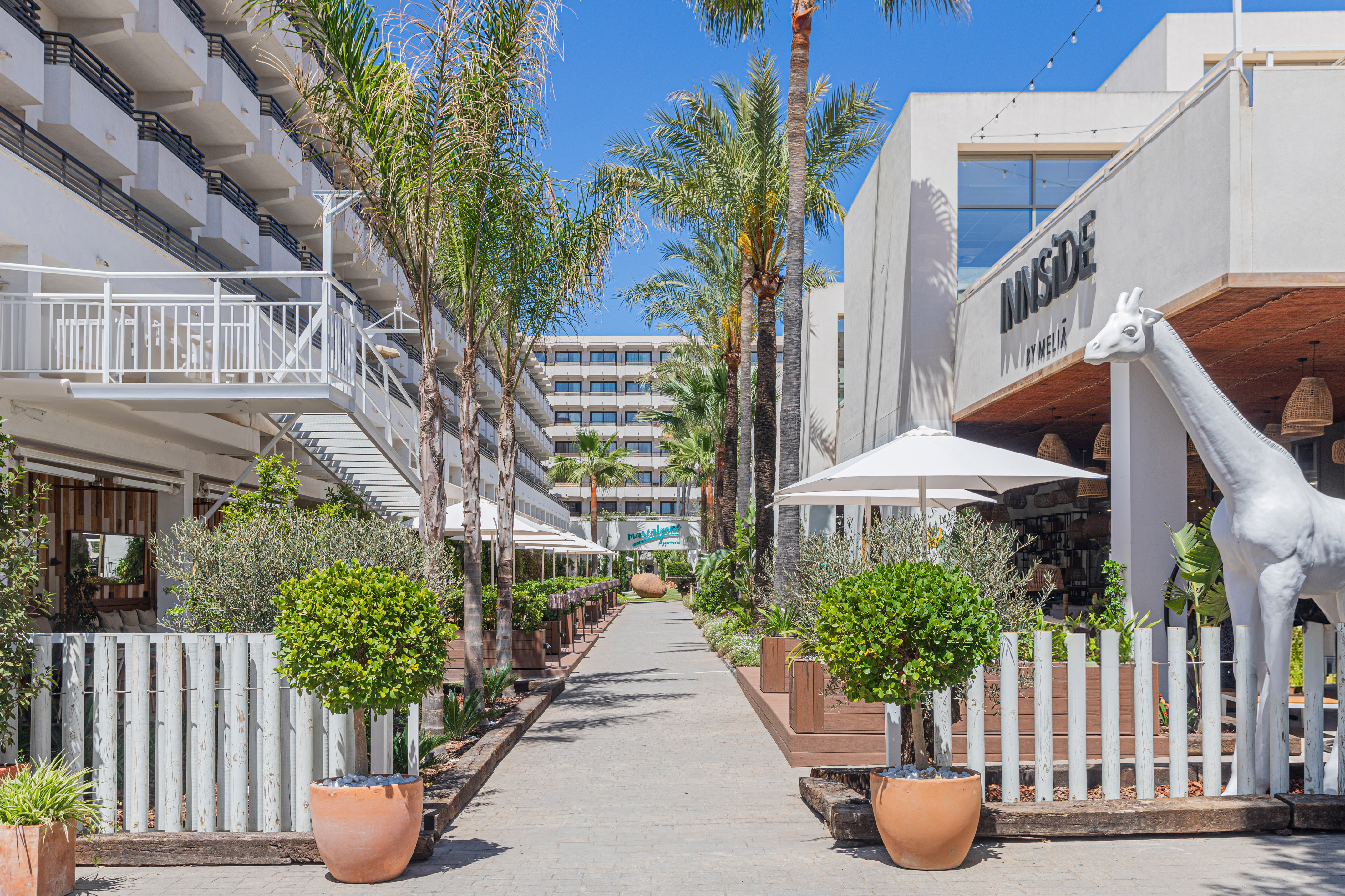 Modern resort path with palm trees, hotel buildings, and giraffe statue.