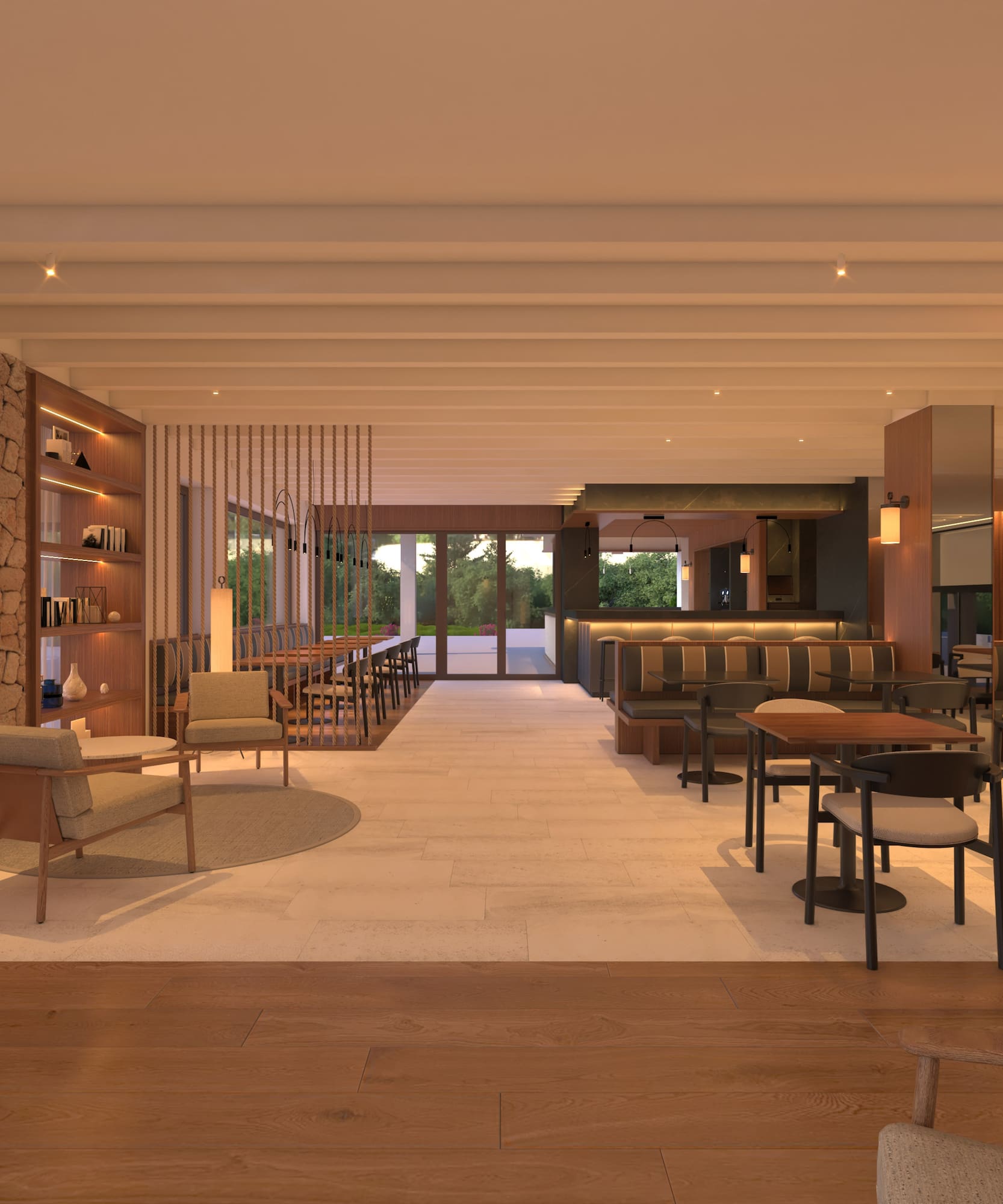 Interior de restaurante con mesas de madera, paredes de piedra y luz cálida. - Restaurante, Cocina internacional - Hotel Golf Santa Ponsa Meliá Collection, Mallorca