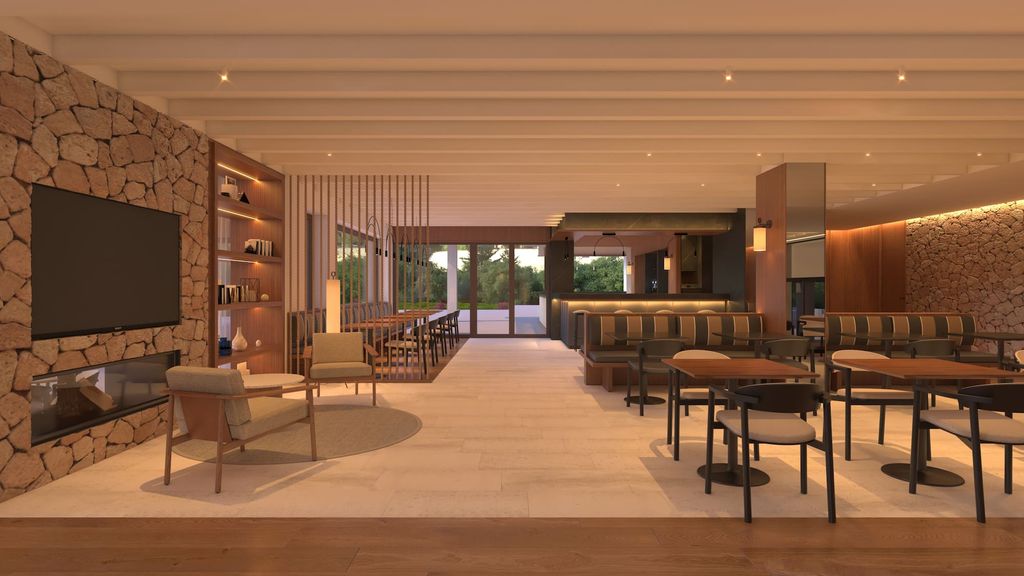 Salón de restaurante moderno y luminoso con paredes de piedra y mesas de madera. - La pasión por el golf vivida desde dentro - Hotel Golf Santa Ponsa Meliá Collection, Mallorca