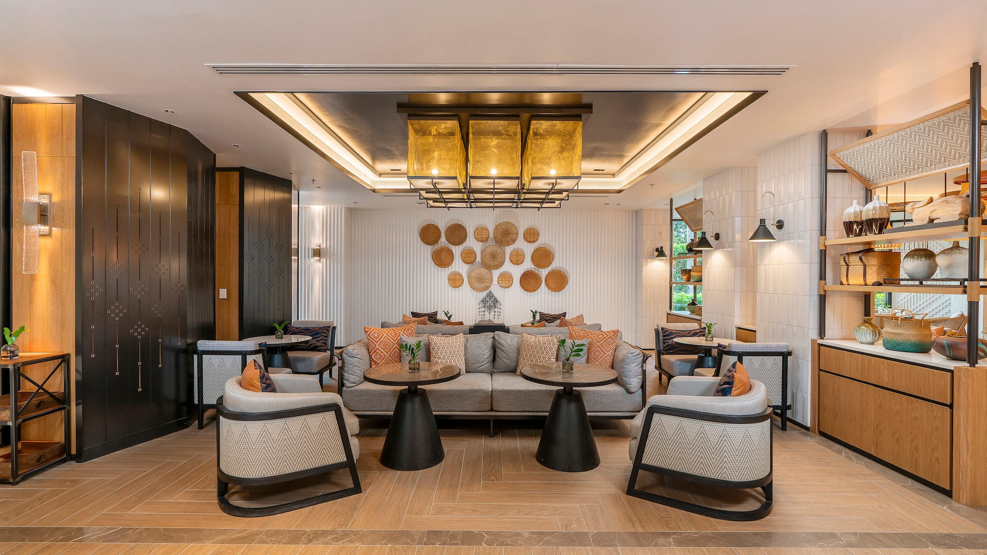 a room with a couch and tables