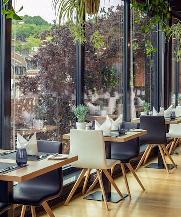 a restaurant with tables and chairs