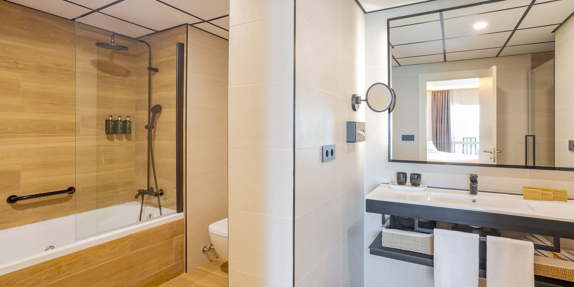 a bathroom with a wood floor and a shower