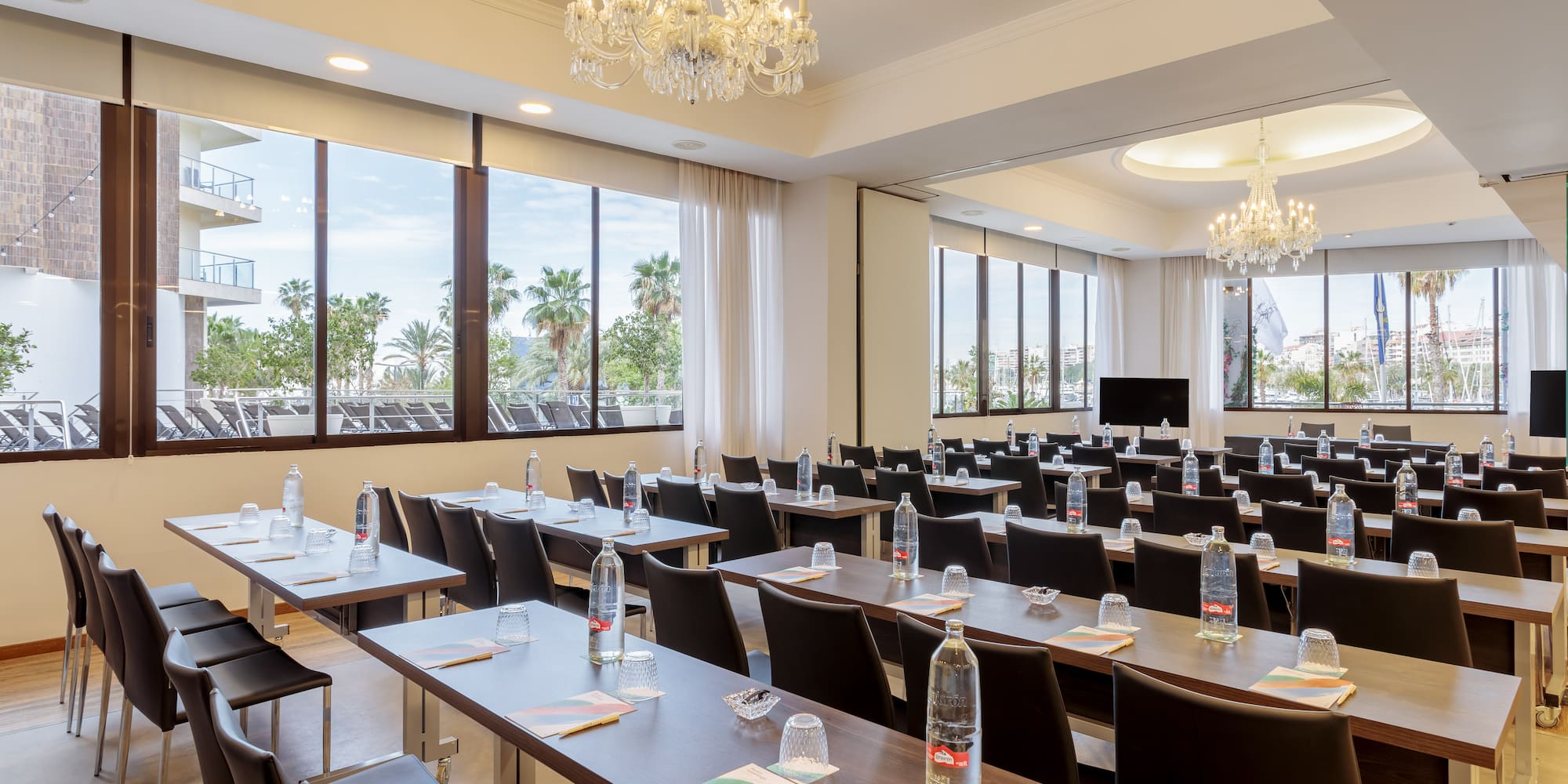 a room with tables and chairs