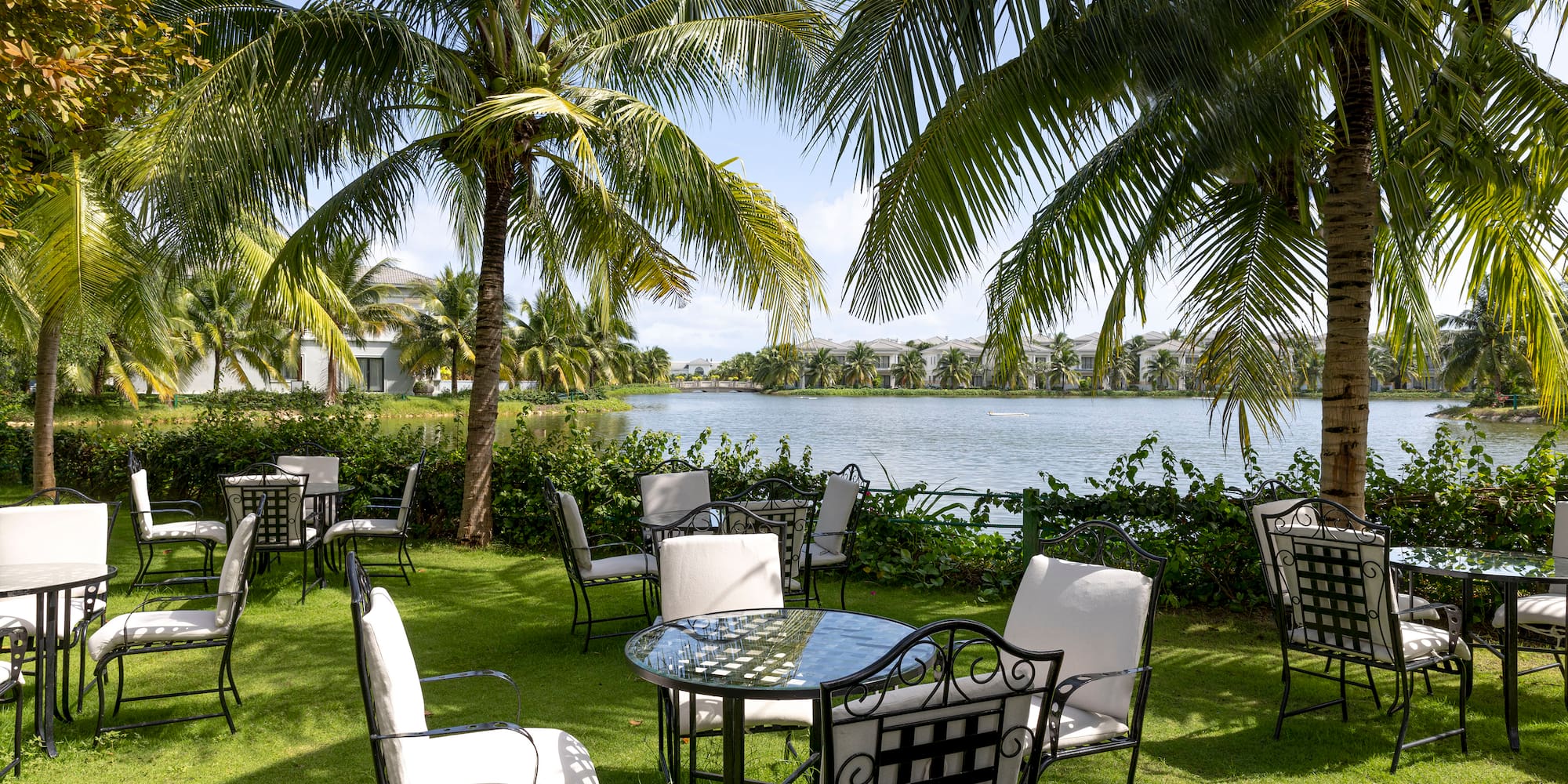 a table and chairs on grass with palm trees and water in the background