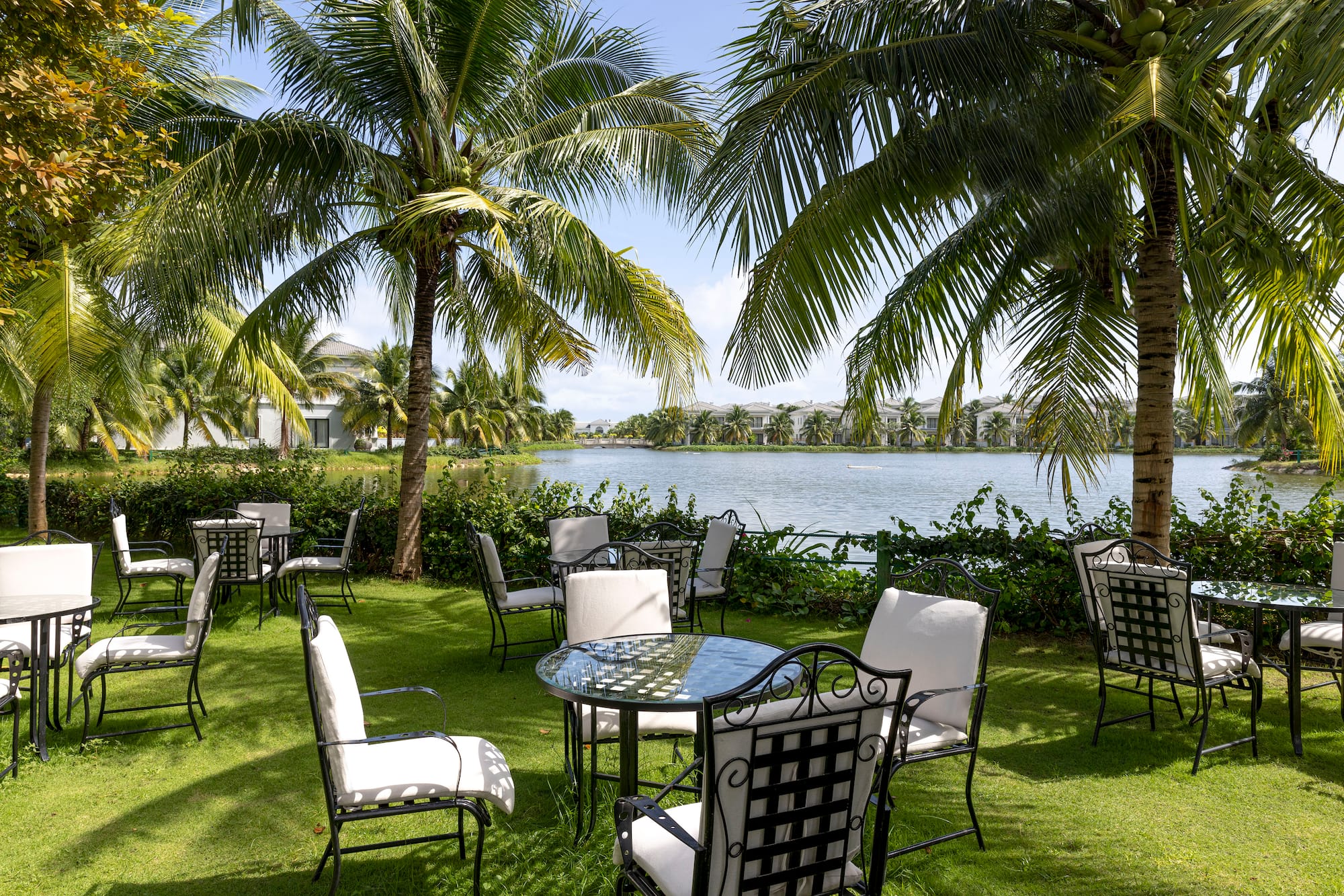 Tropical resort patio with tables, palm trees, and lake view.