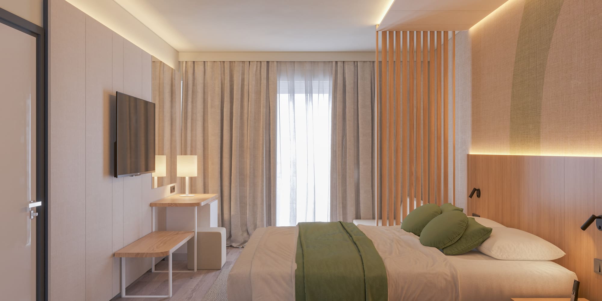 a bedroom with a bed and a tv