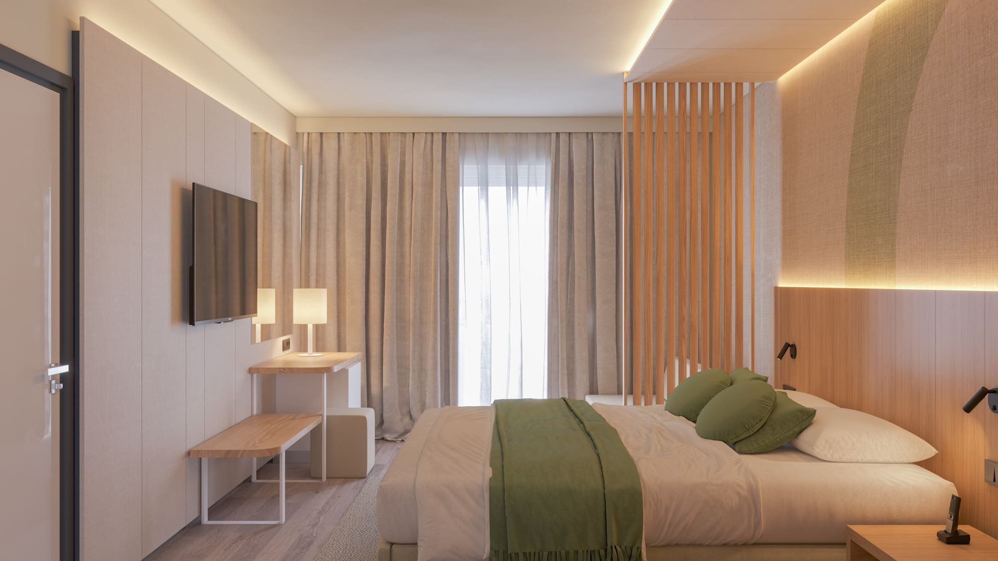 a bedroom with a bed and a tv