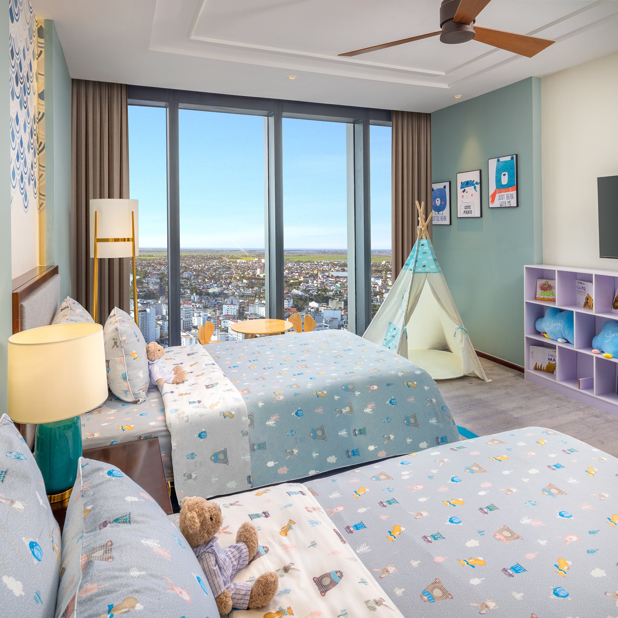 a bedroom with a bed and a tent