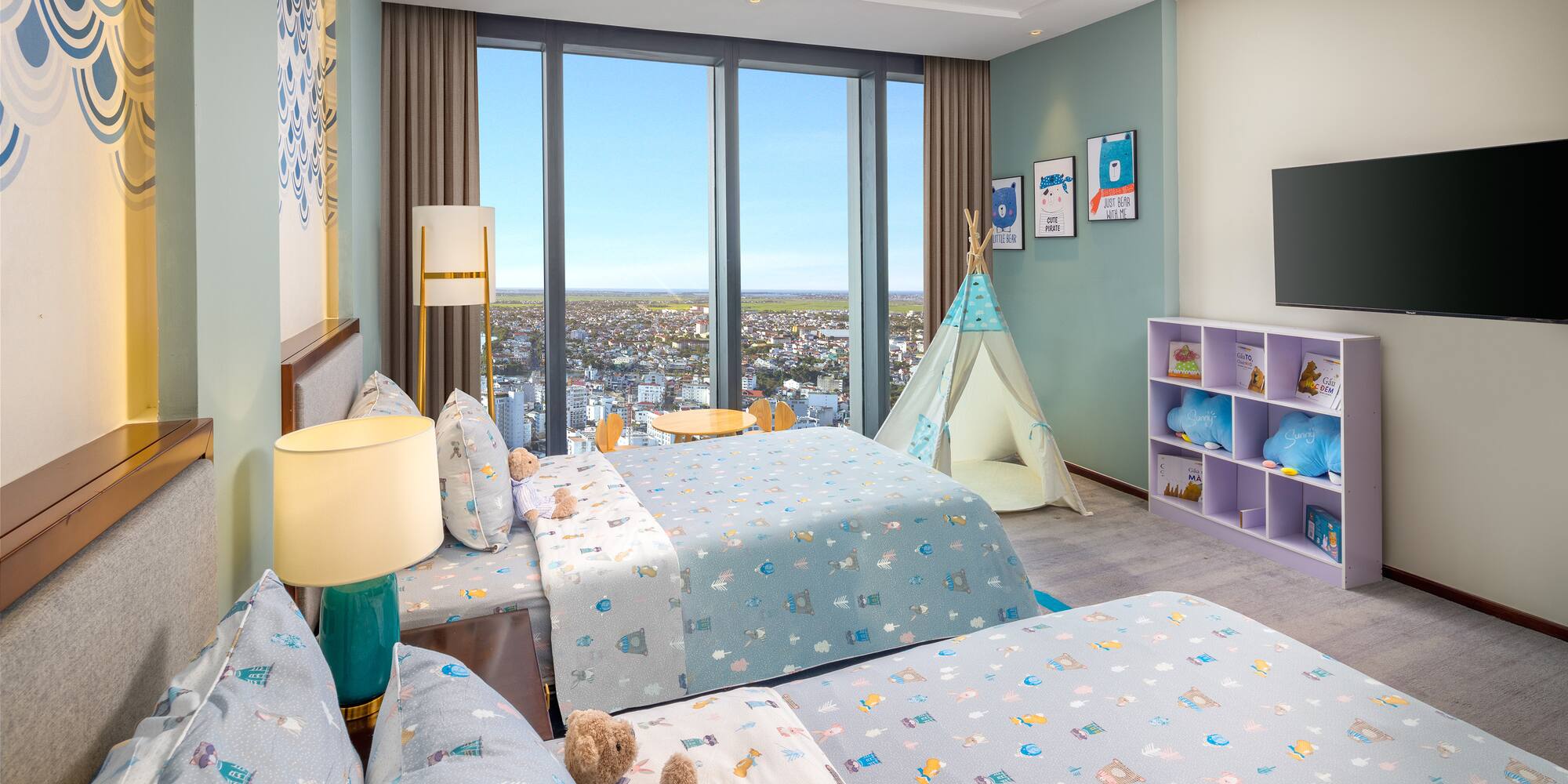 a bedroom with a bed and a tent