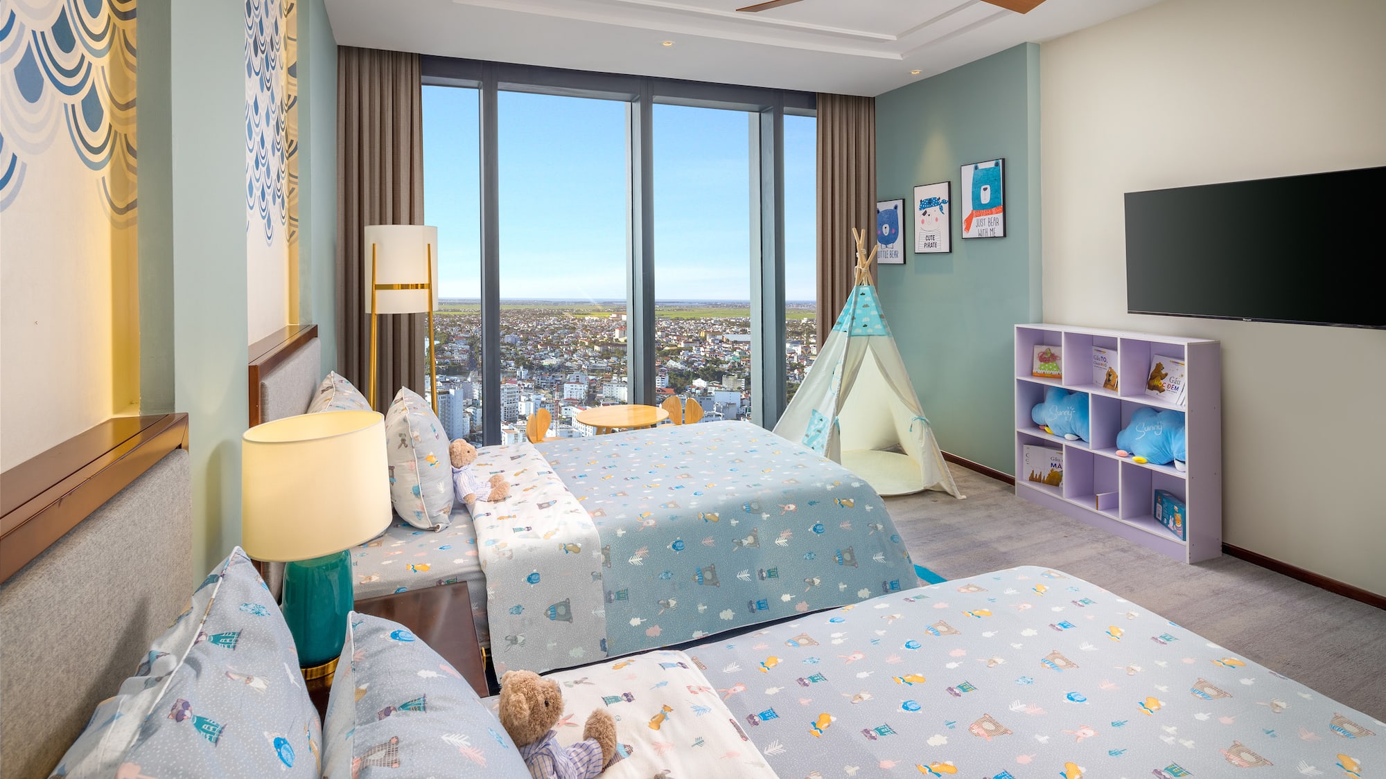 a bedroom with a bed and a tent