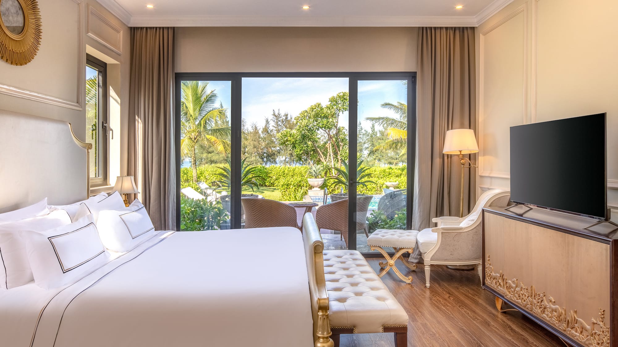 a room with a bed and a television