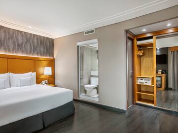 a bedroom with a bed and a closet