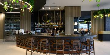 a bar with chairs and a counter