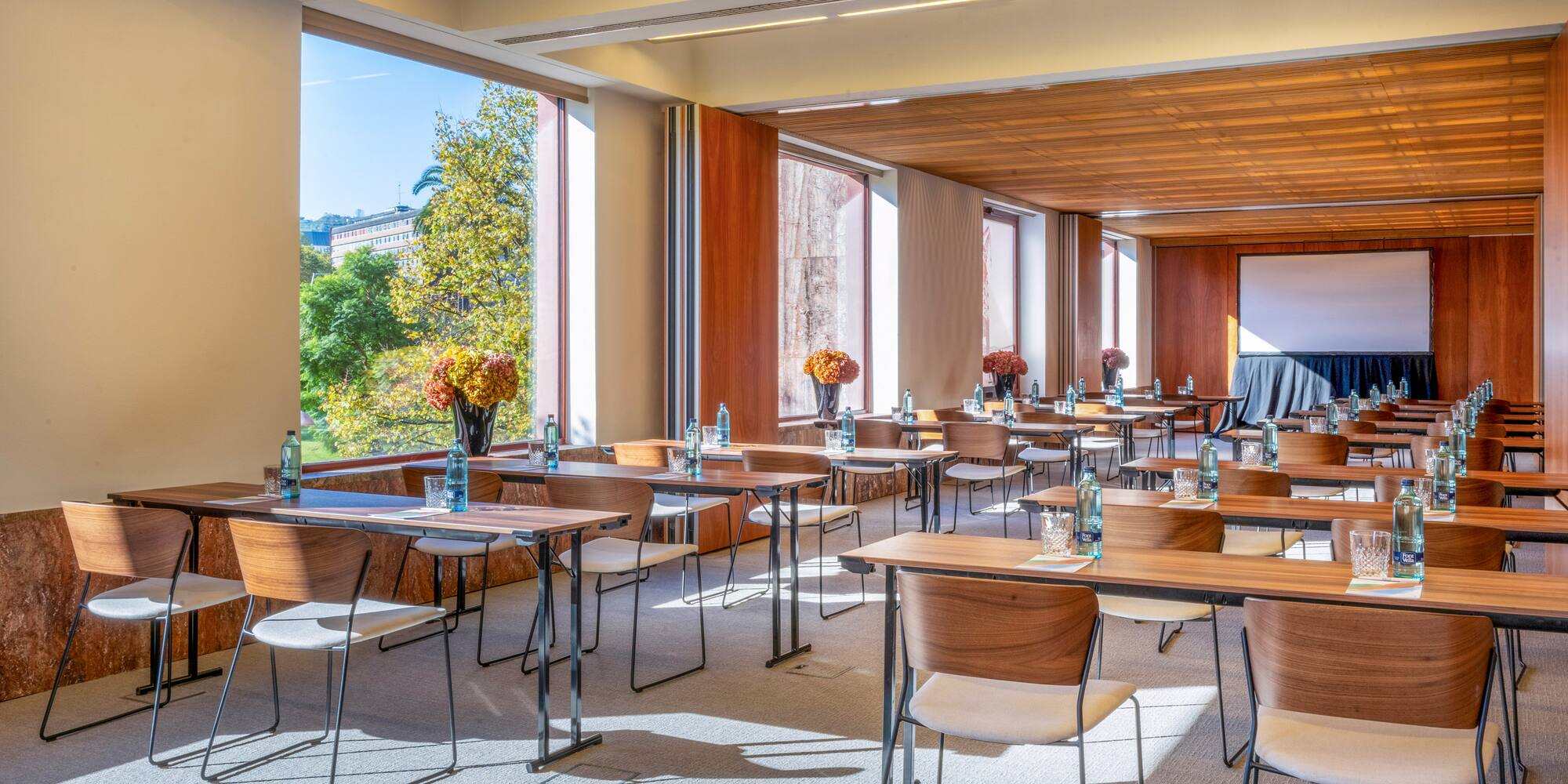 a room with tables and chairs