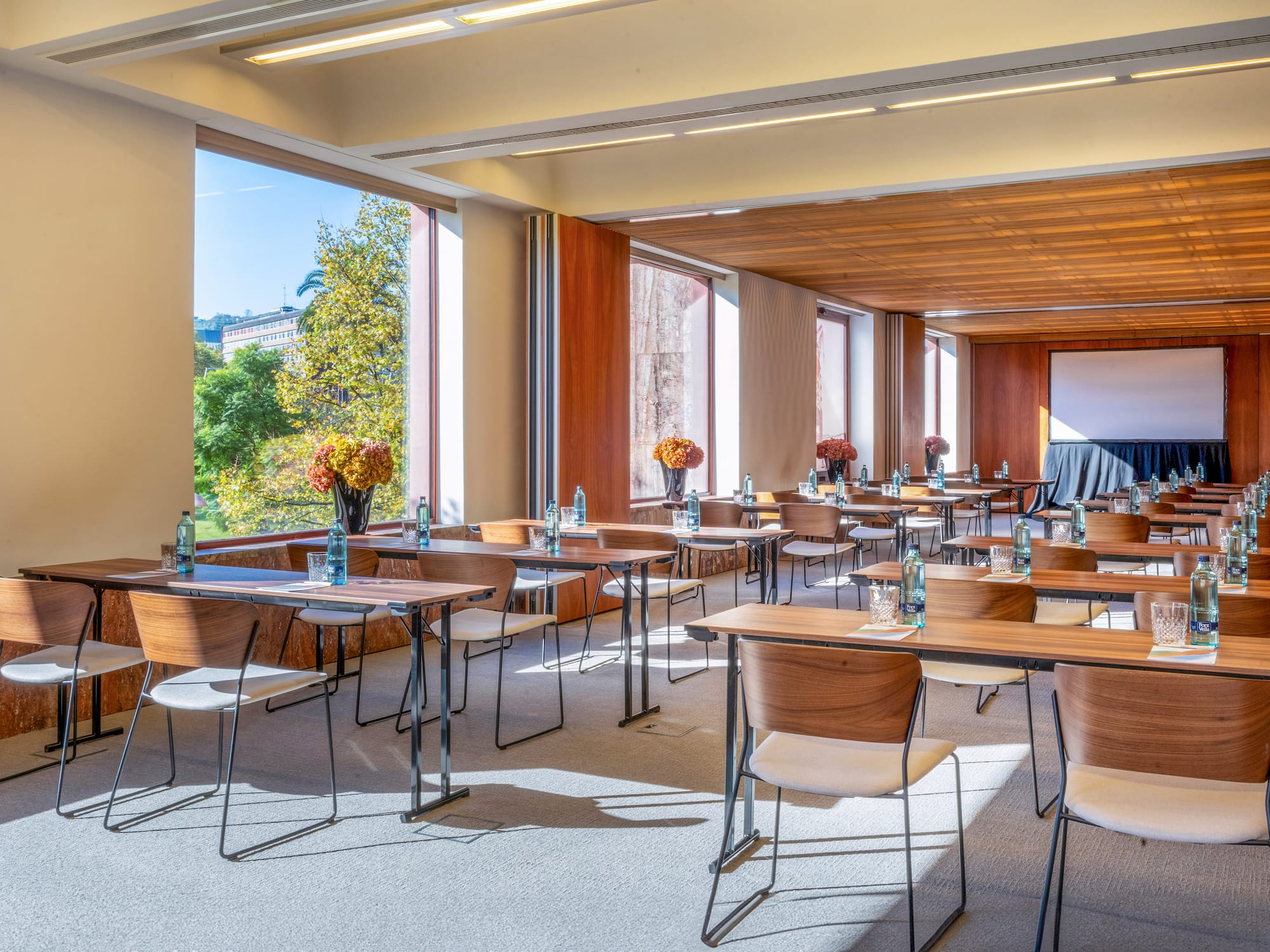 a room with tables and chairs