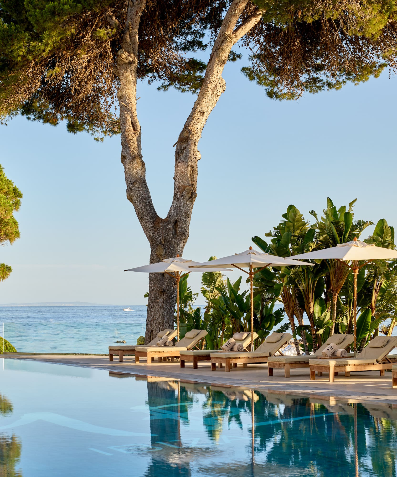 Luxury resort infinity pool with loungers, umbrellas, and ocean view.