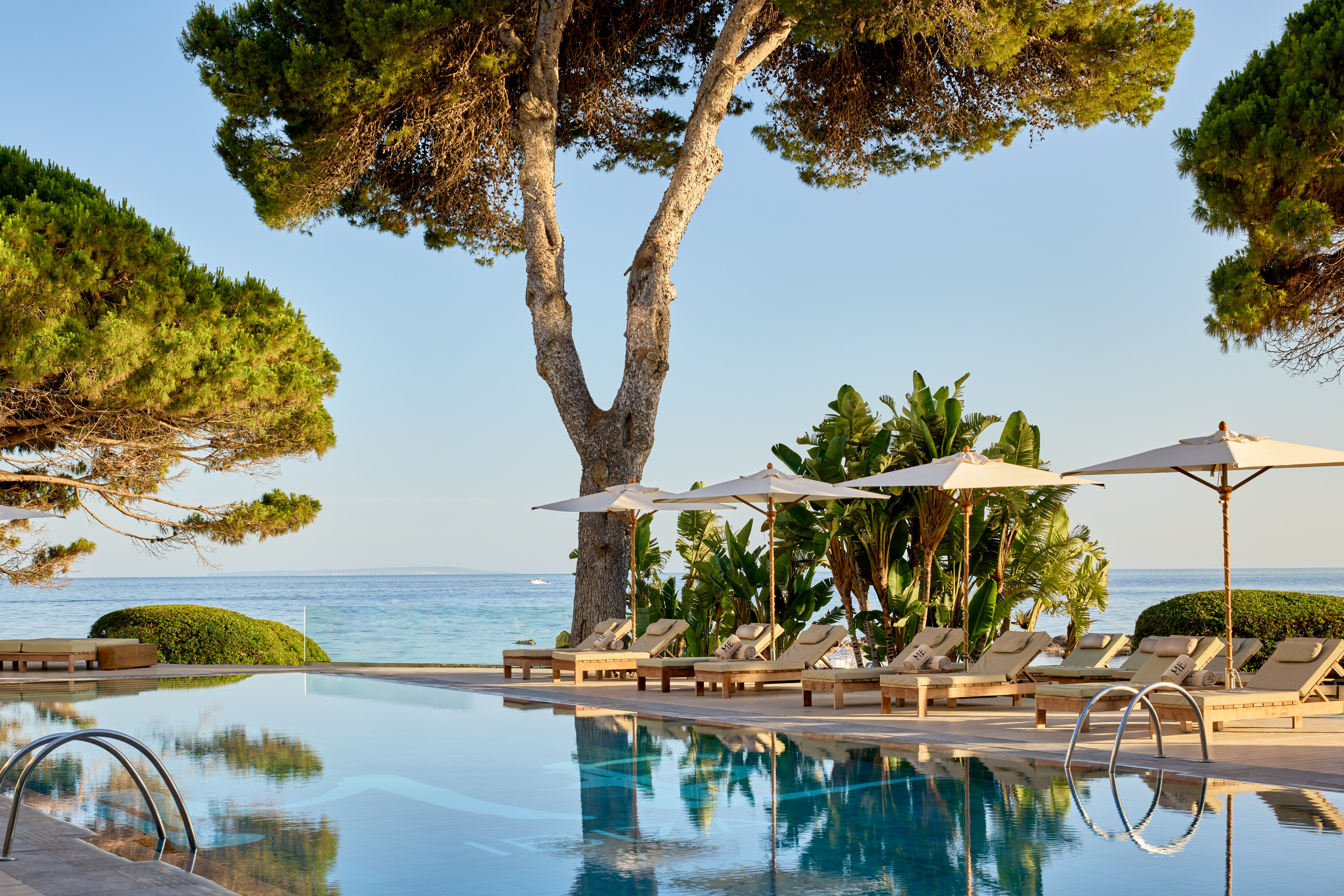 Luxury infinity pool with sun loungers, umbrellas, and lush trees by sea.