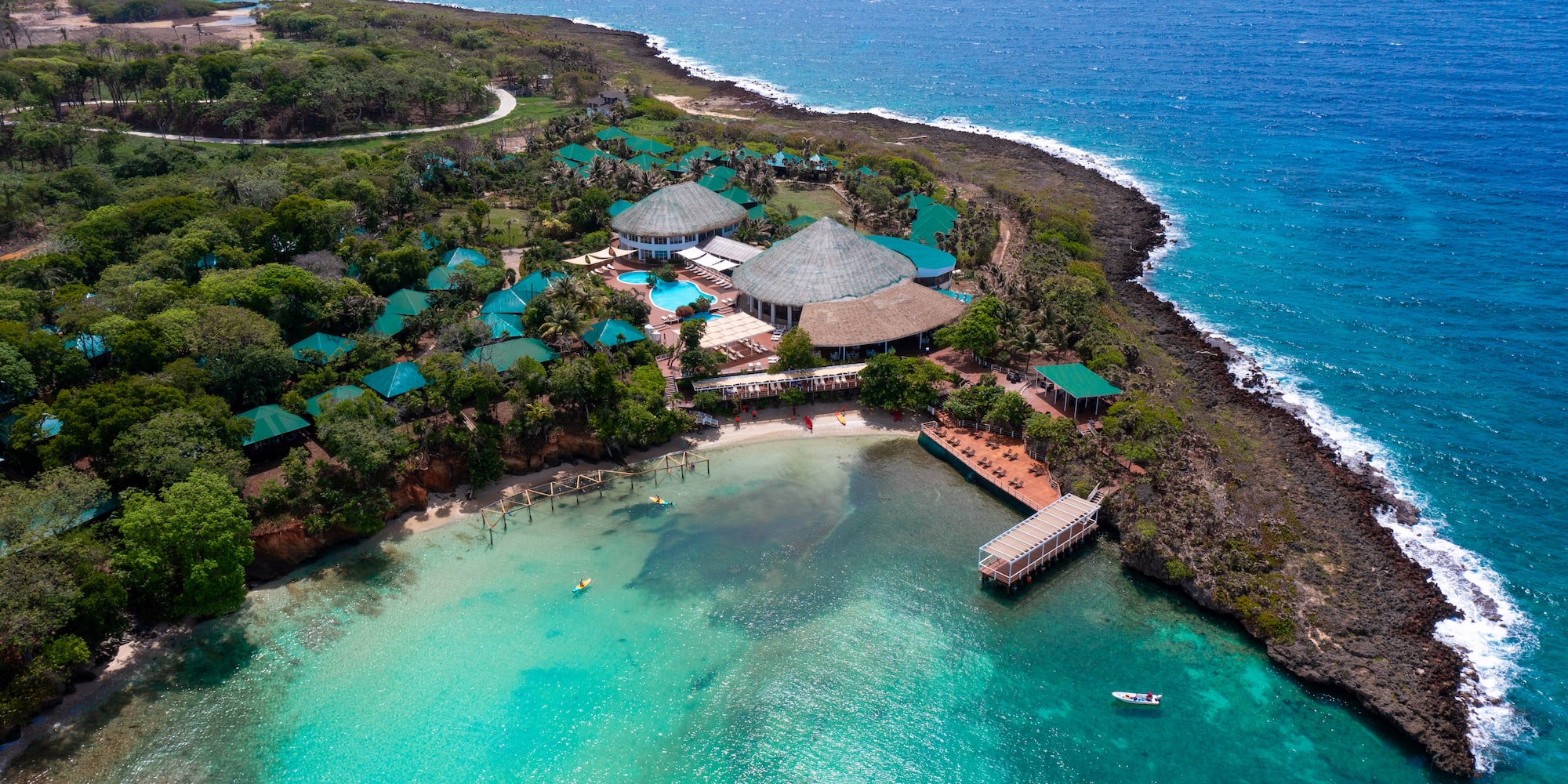 a building on a island with a body of water