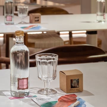 a bottle and glass on a table