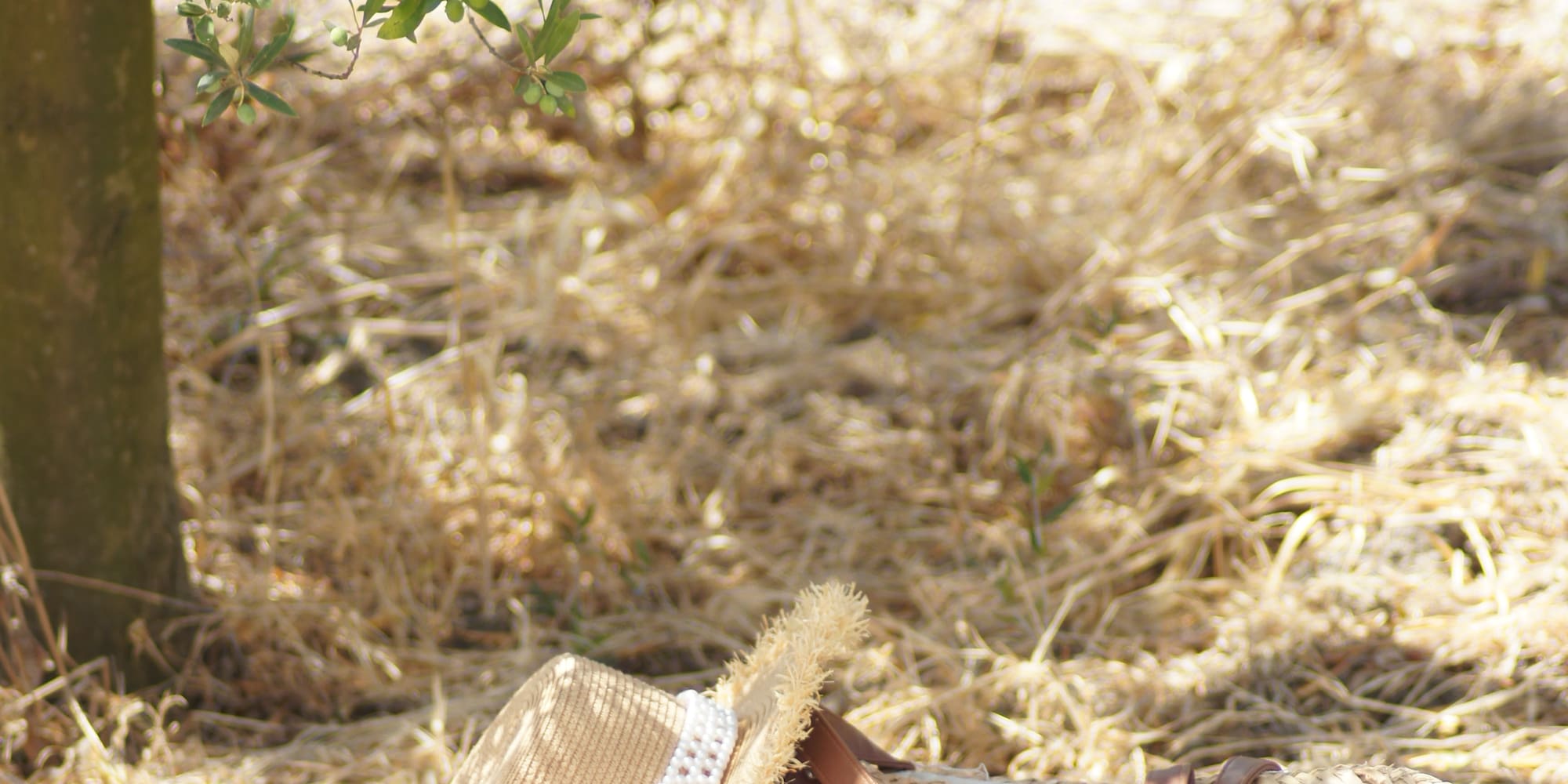 a straw hat and bag on the ground