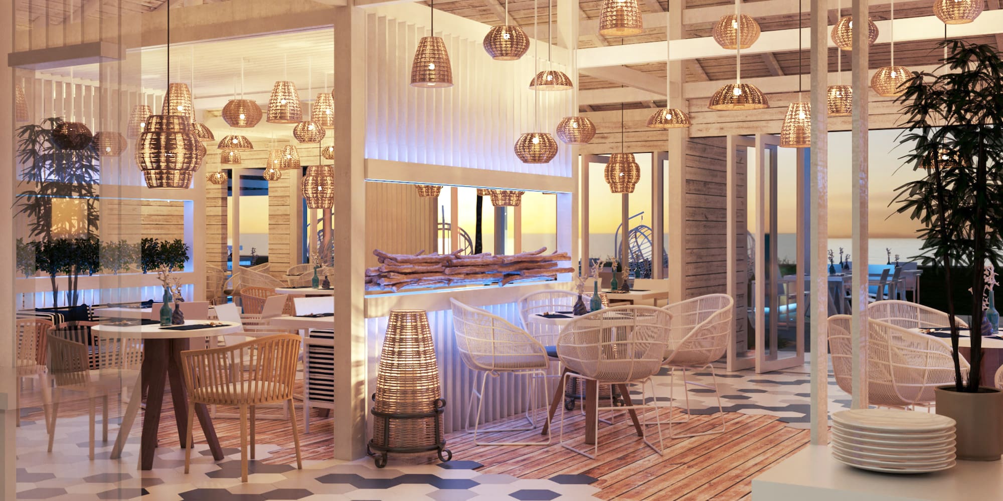 a room with tables and chairs